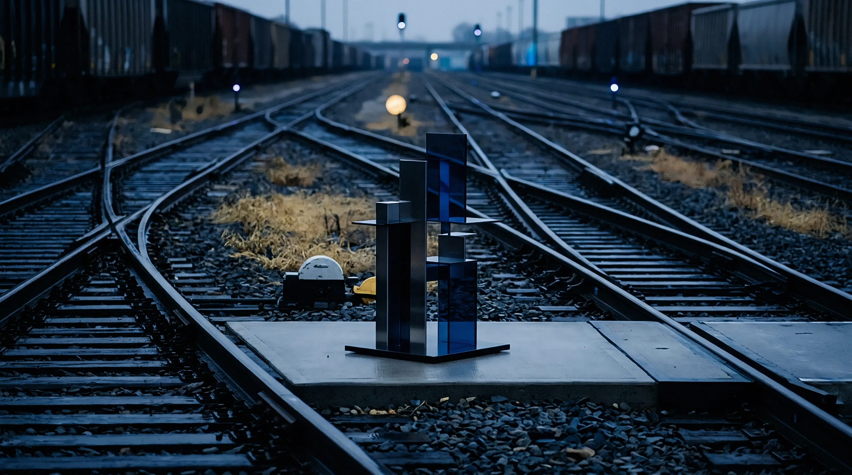 A geometric blue glass and metallic sculpture stands on a concrete foundation located between converging railway tracks in a busy freight terminal yard.