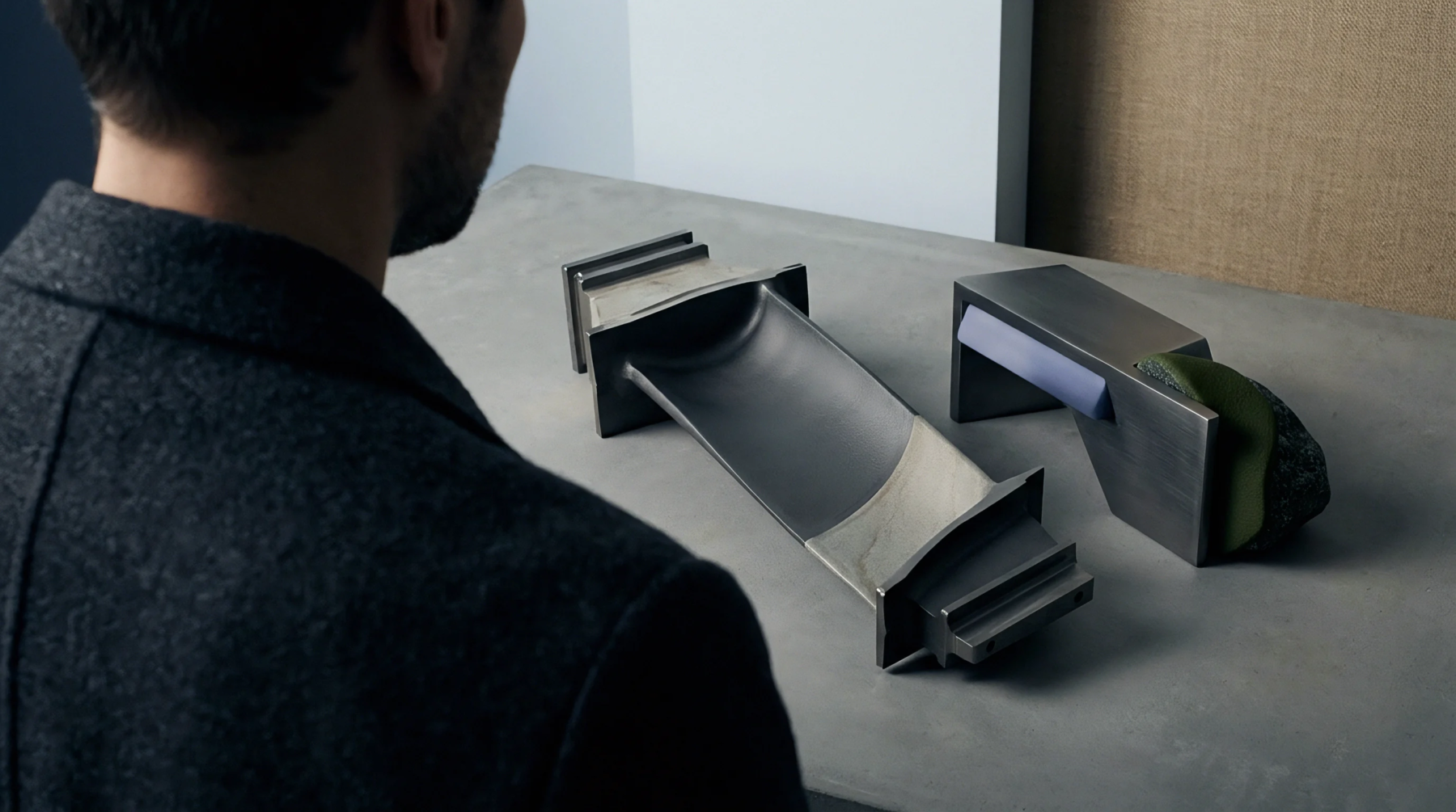 A person observes turbine blade prototypes and raw material samples placed upon a stark table for industrial engineering and supply chain analysis.