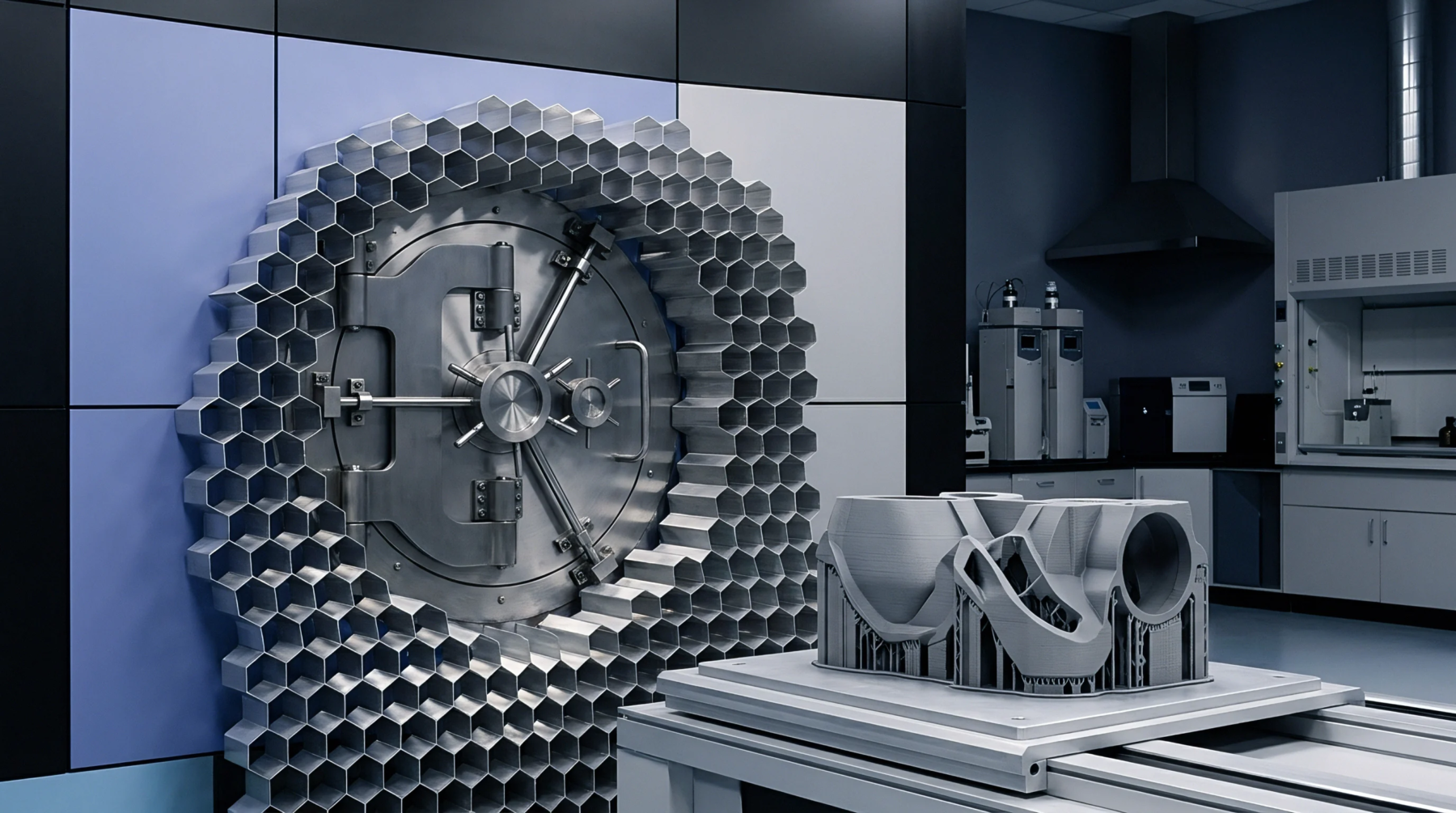 Metallic printed component rests on a motorized platform inside a production laboratory adjacent to a heavy vault door surrounded by hexagonal honeycomb lattice structures.