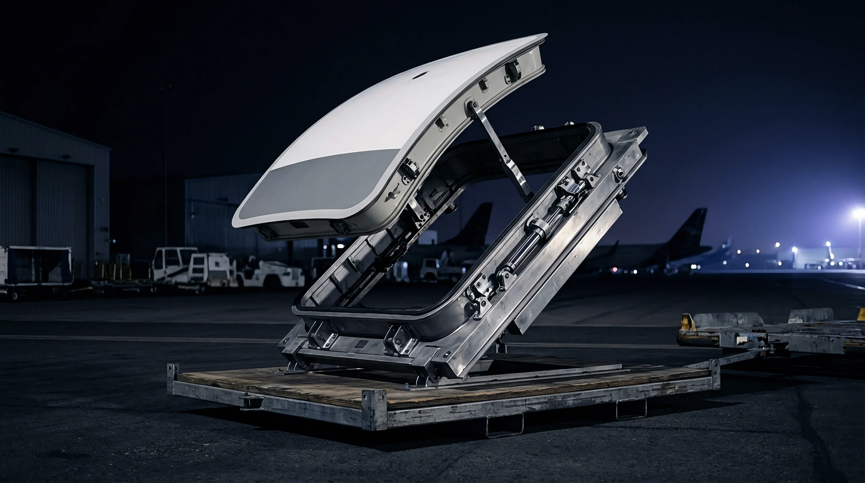 A large aerospace door assembly rests on a wooden cargo pallet positioned on an illuminated tarmac surrounded by nocturnal hangar facilities and aircraft silhouettes.