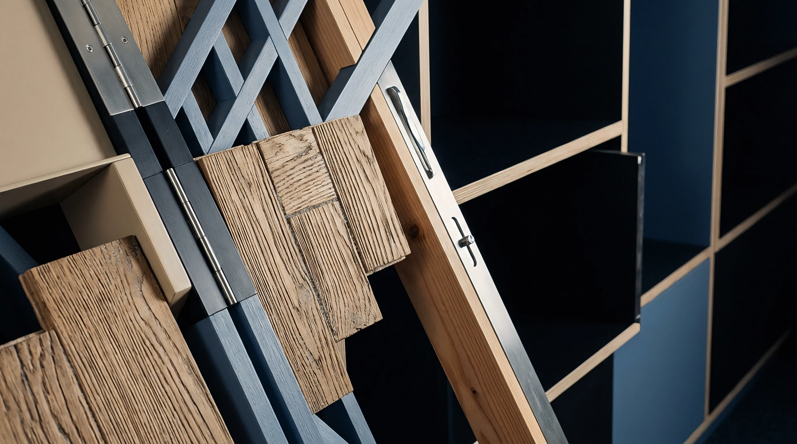 Textured oak panels and brushed metal hardware mount onto blue painted wooden frames inside a modular furniture manufacturing plant.