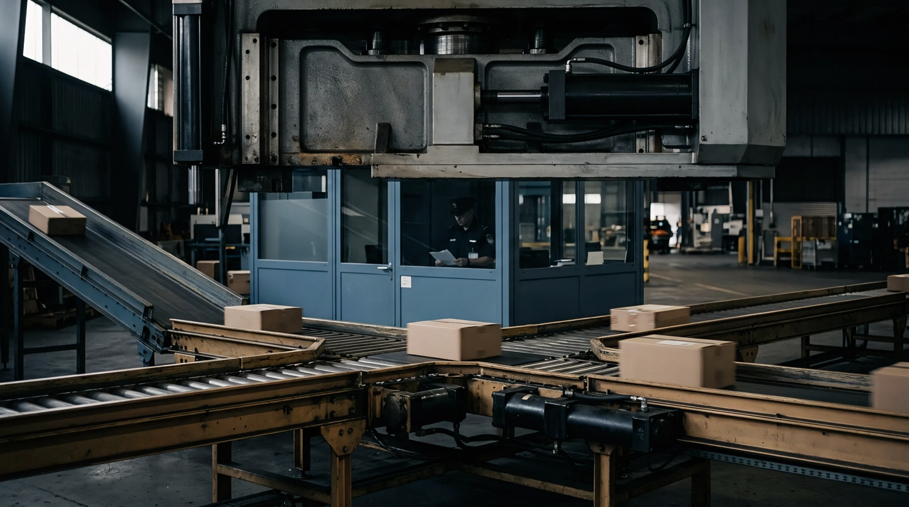 Cardboard packages move along intersecting industrial conveyor belts inside a heavy manufacturing plant with overhead machinery.