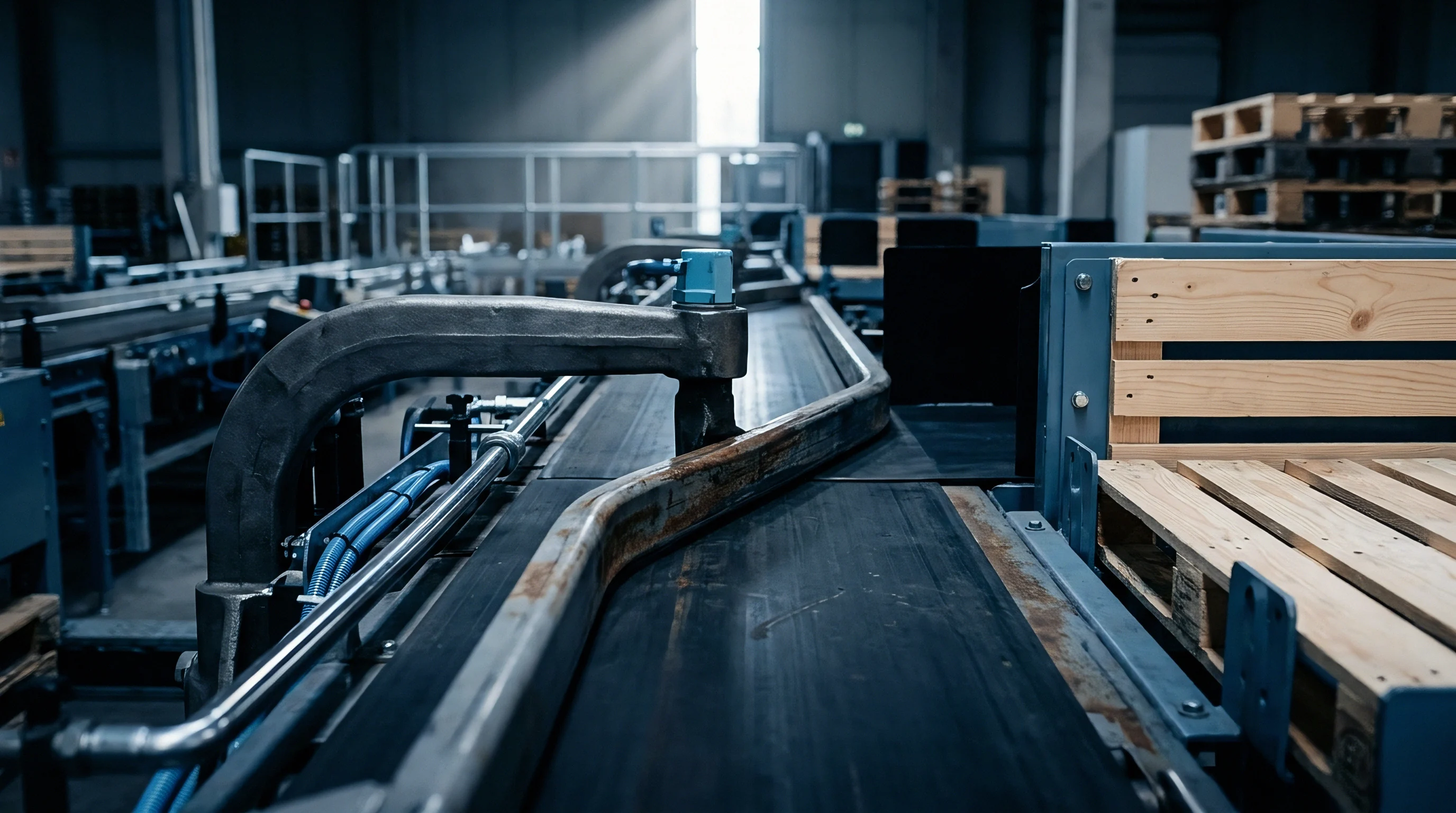 Industrial conveyor belts and heavy metal tooling operate inside a vast manufacturing facility alongside wooden storage pallets ready for dispatch.