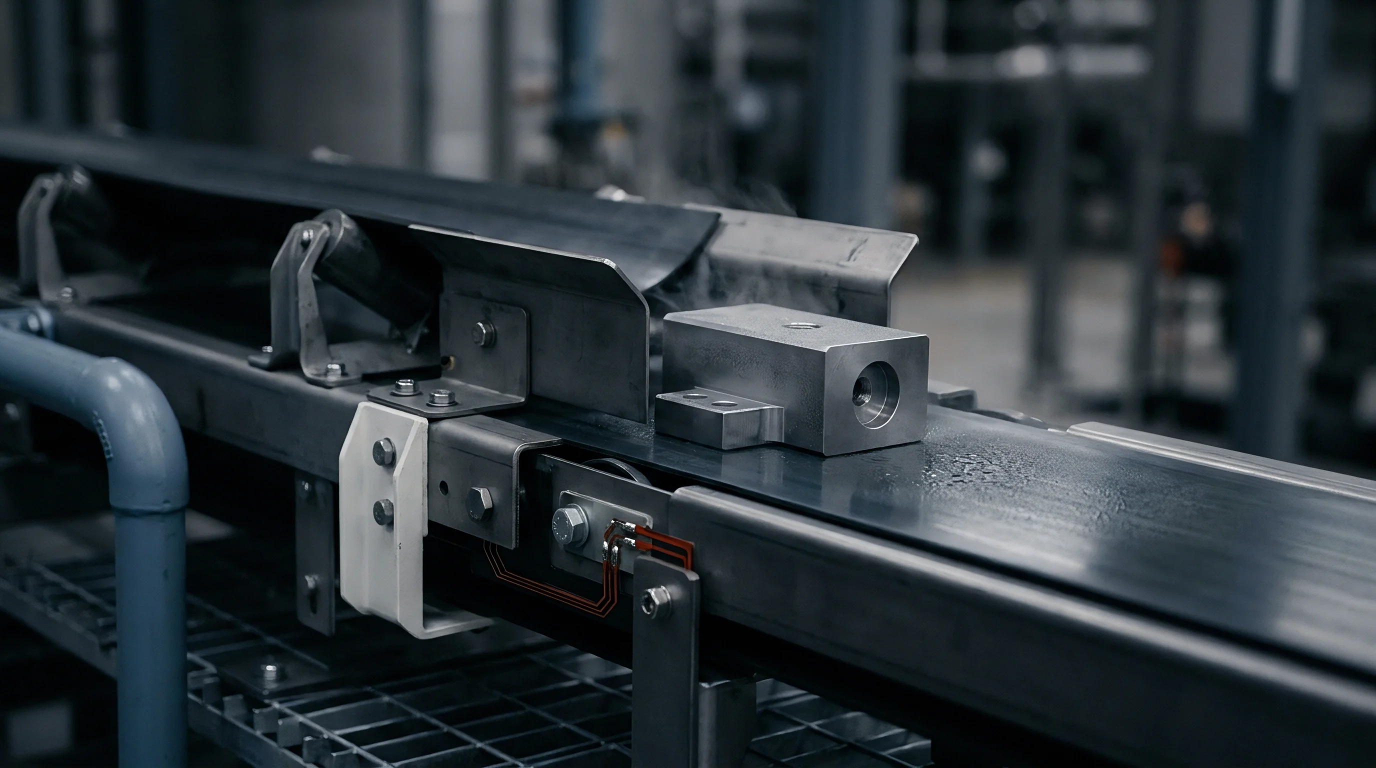 A machined metal component moves along a dark industrial conveyor belt inside a manufacturing facility during production operations.