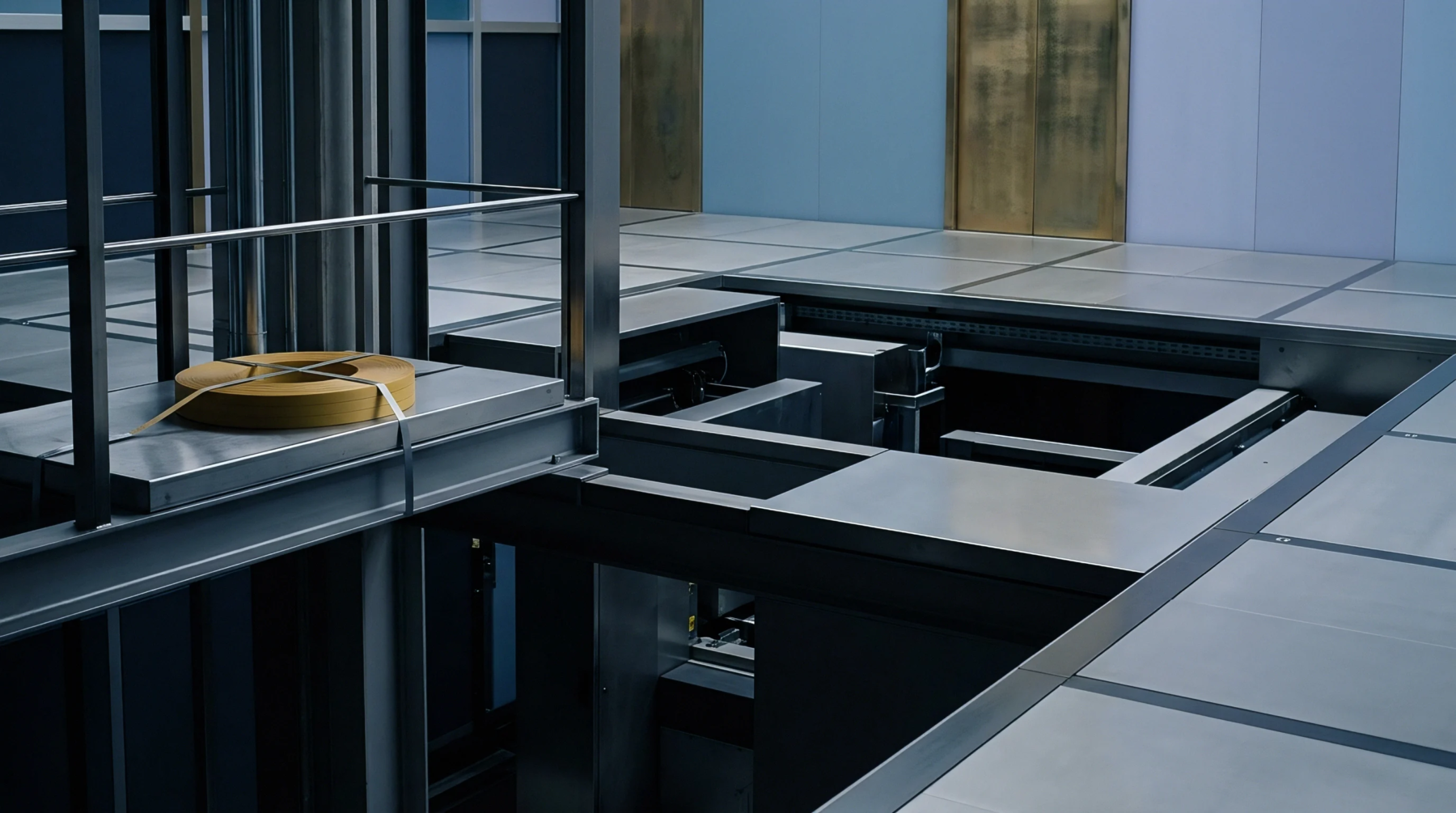 A metal platform within an industrial logistics hub holds a tightly strapped coil of coiled material.