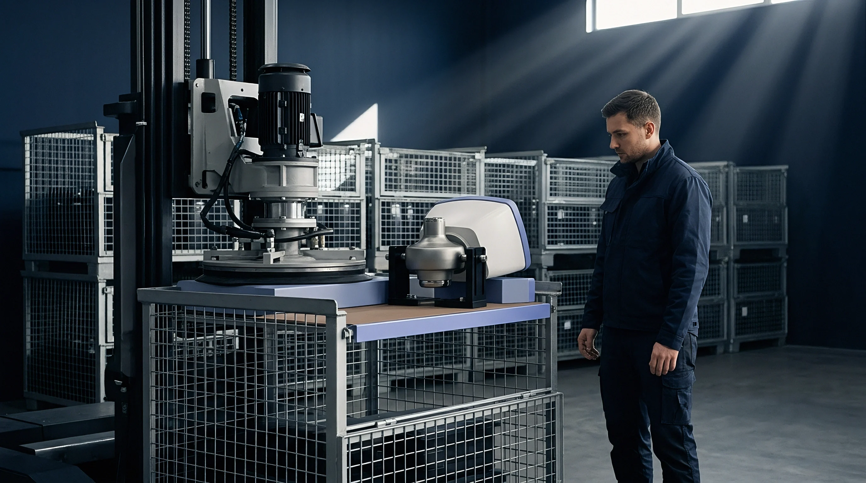 Industrial worker observes automated lifting machinery operating inside a warehouse equipped with stacked wire mesh containers.
