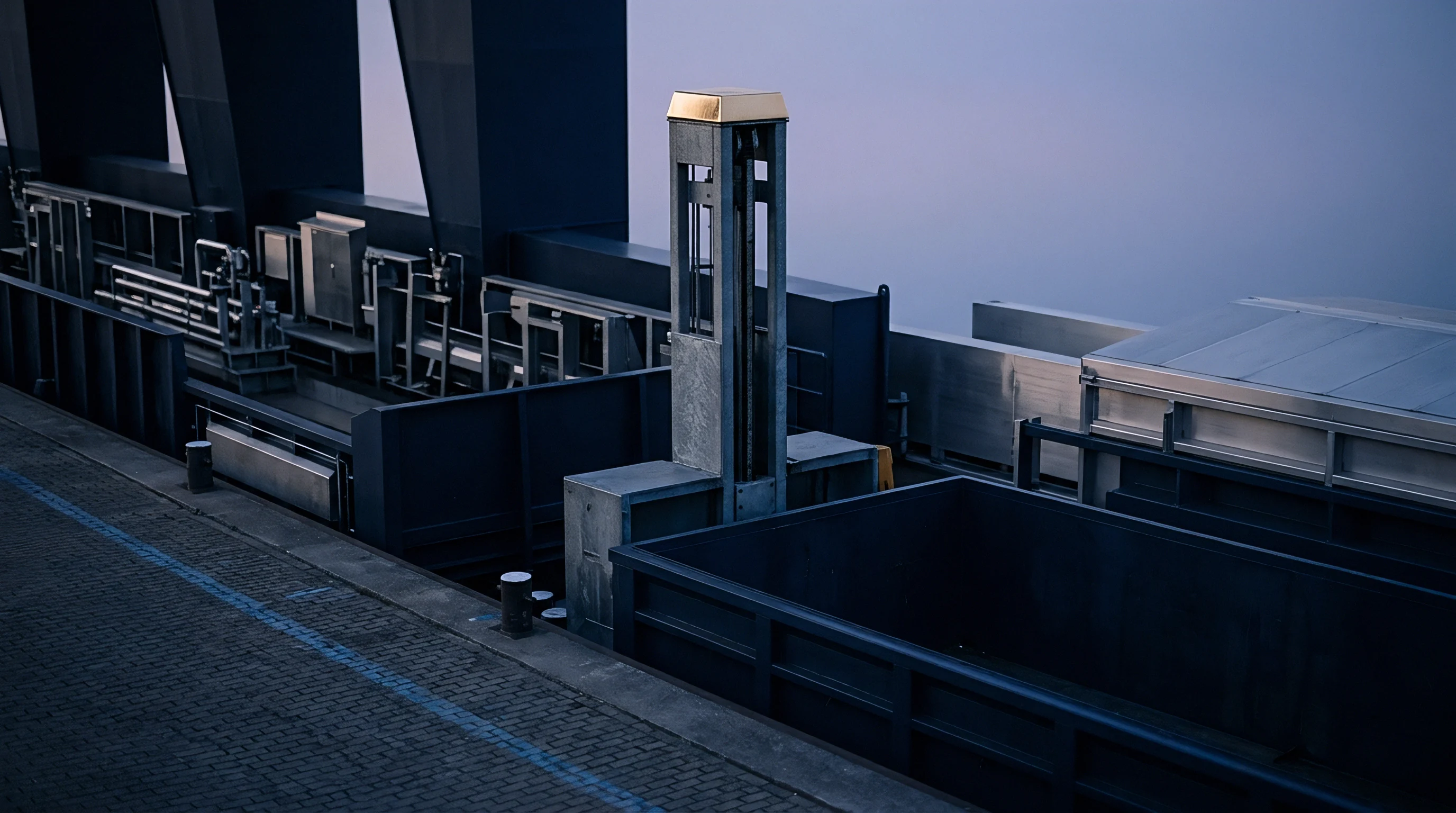 A complex industrial structure features dark metallic components, raised platforms, and a prominent central tower mechanism with a gilded cap.