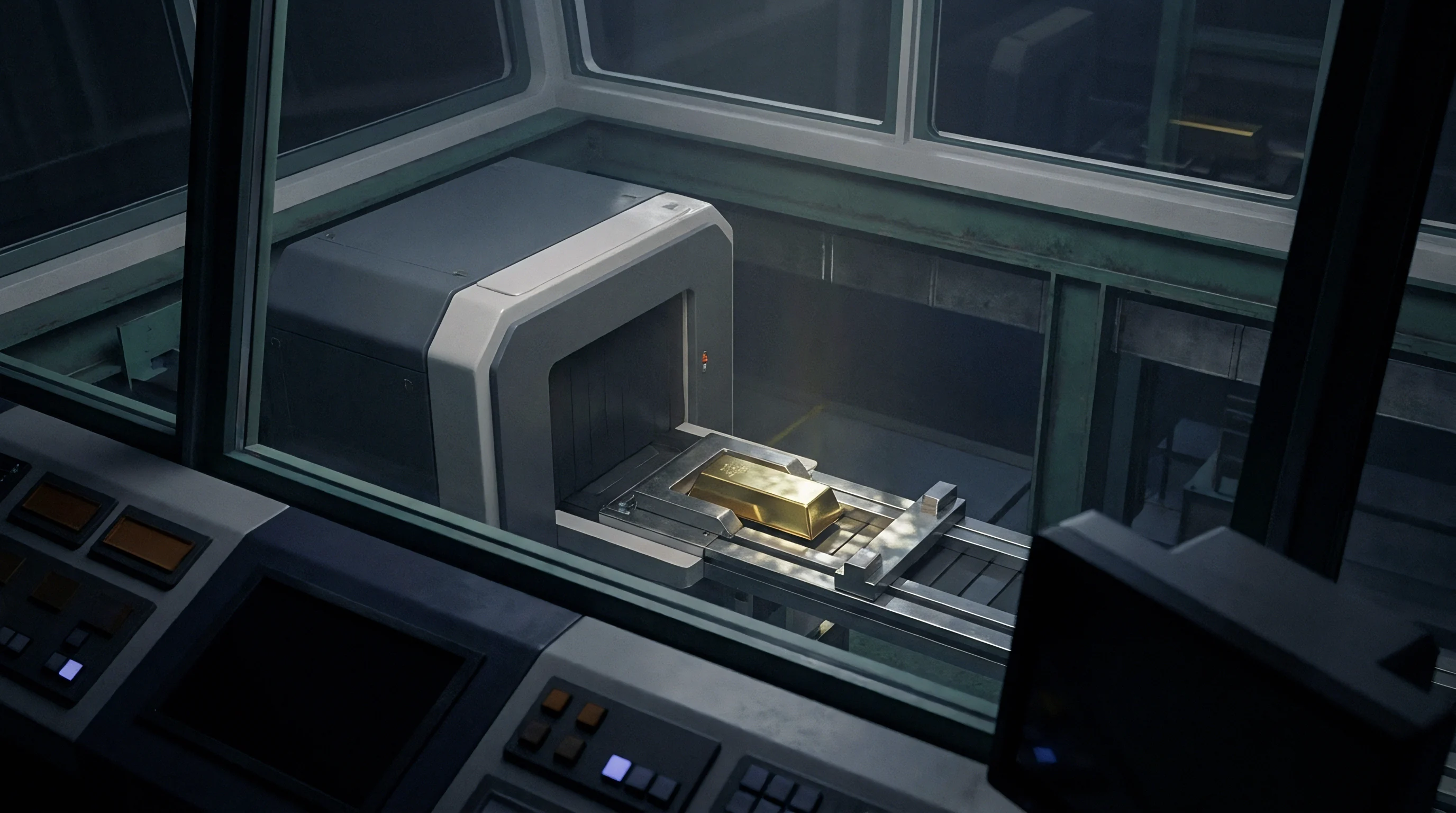 A digitally rendered scene shows a substantial gold bullion bar progressing through an automated industrial scanner.