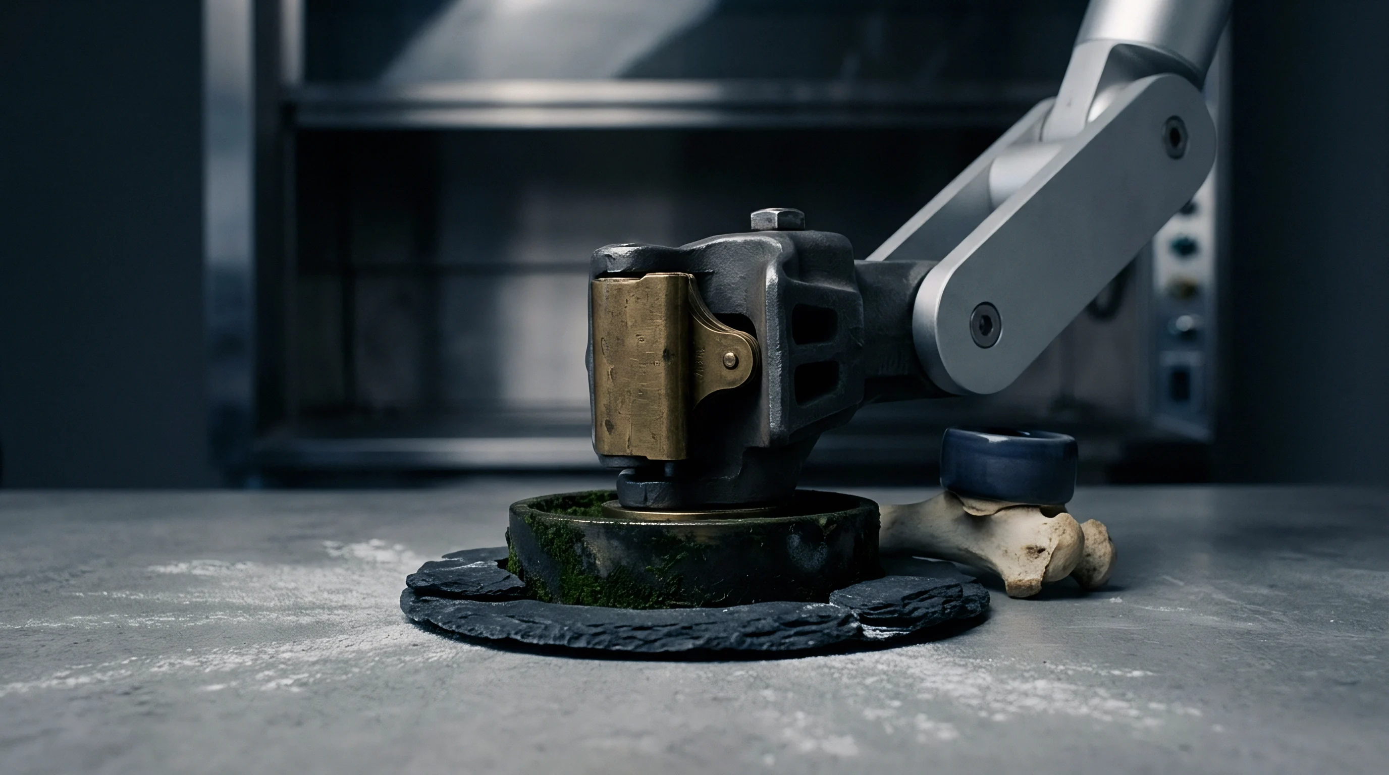 An industrial robotic arm applies downward pressure onto a composite material specimen positioned on a textured slate workbench within a manufacturing facility.
