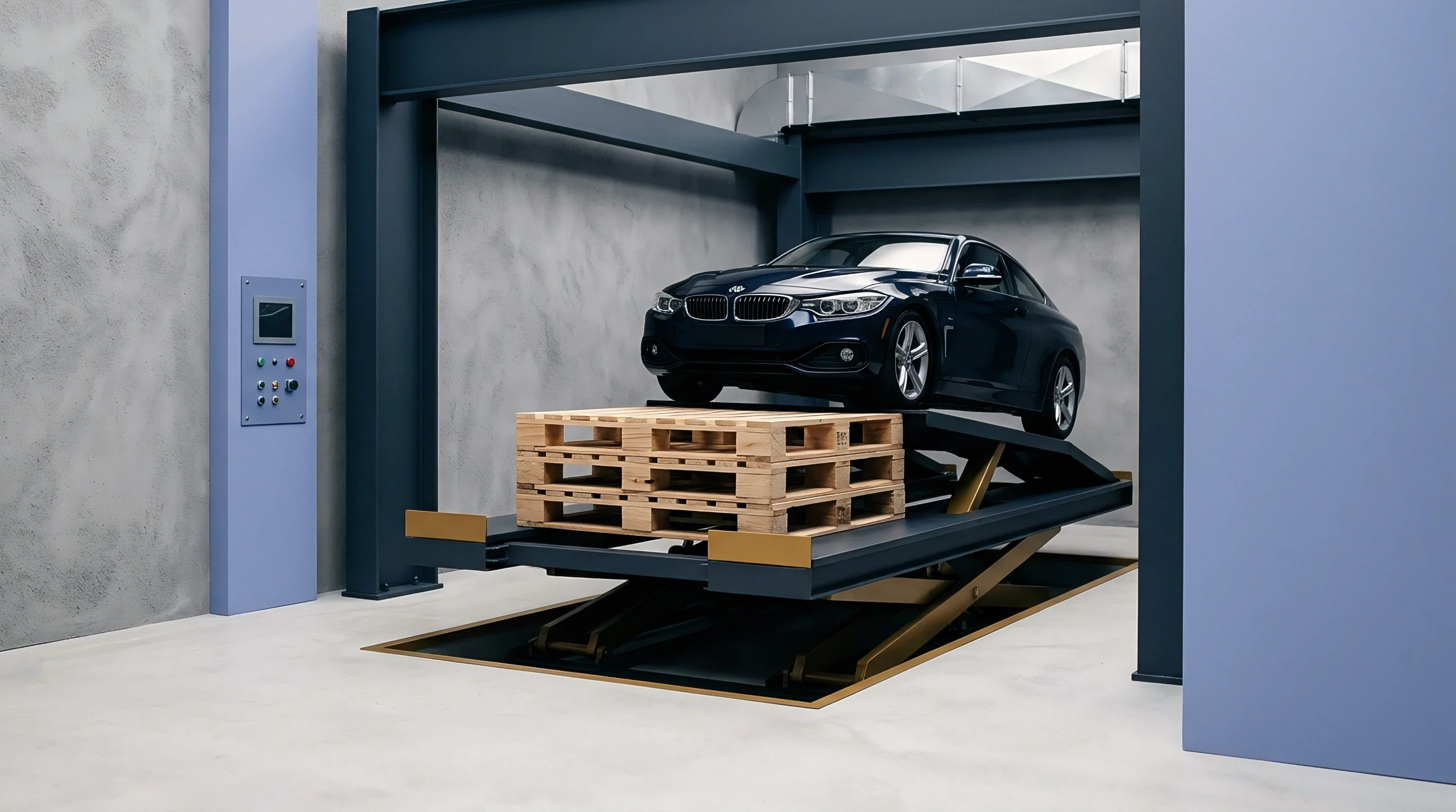 A digital render displays an industrial scissor lift platform holding wooden pallets and a vehicle inside a concrete warehouse facility.