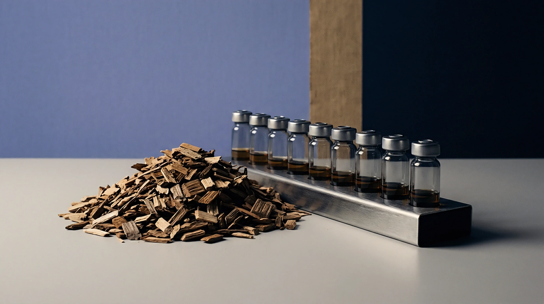 Crushed wood biomass rests beside a metal rack holding sequential glass vials filled with dark amber extraction liquids on a tabletop.