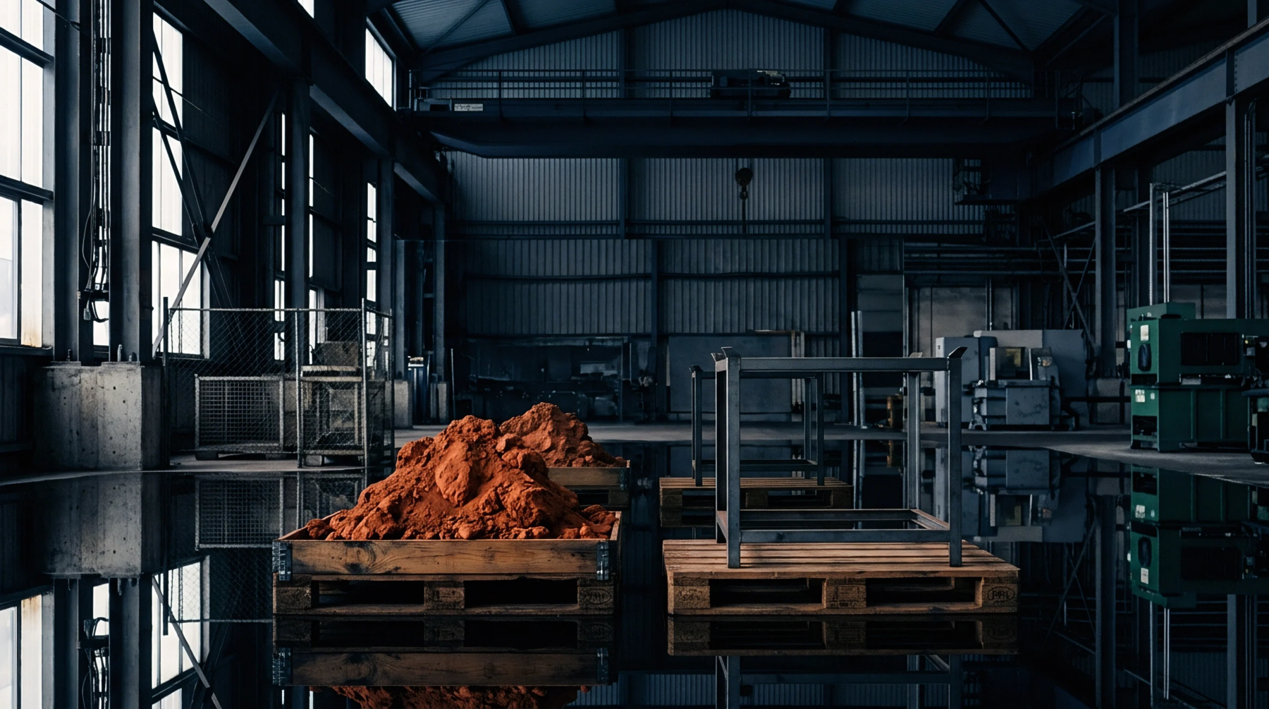 A large pile of reddish raw material is contained in a wooden crate on pallets in a dim industrial warehouse setting with a reflective floor.