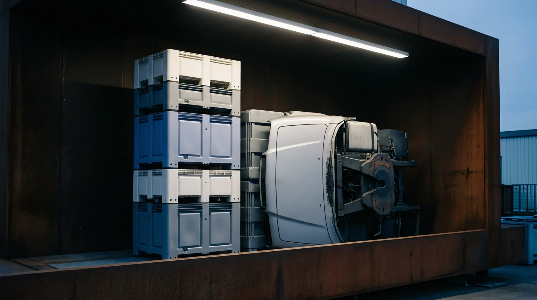 Stacked polymer bulk containers and a dismantled truck cab rest inside a weathered steel shipping enclosure illuminated by an overhead fixture.