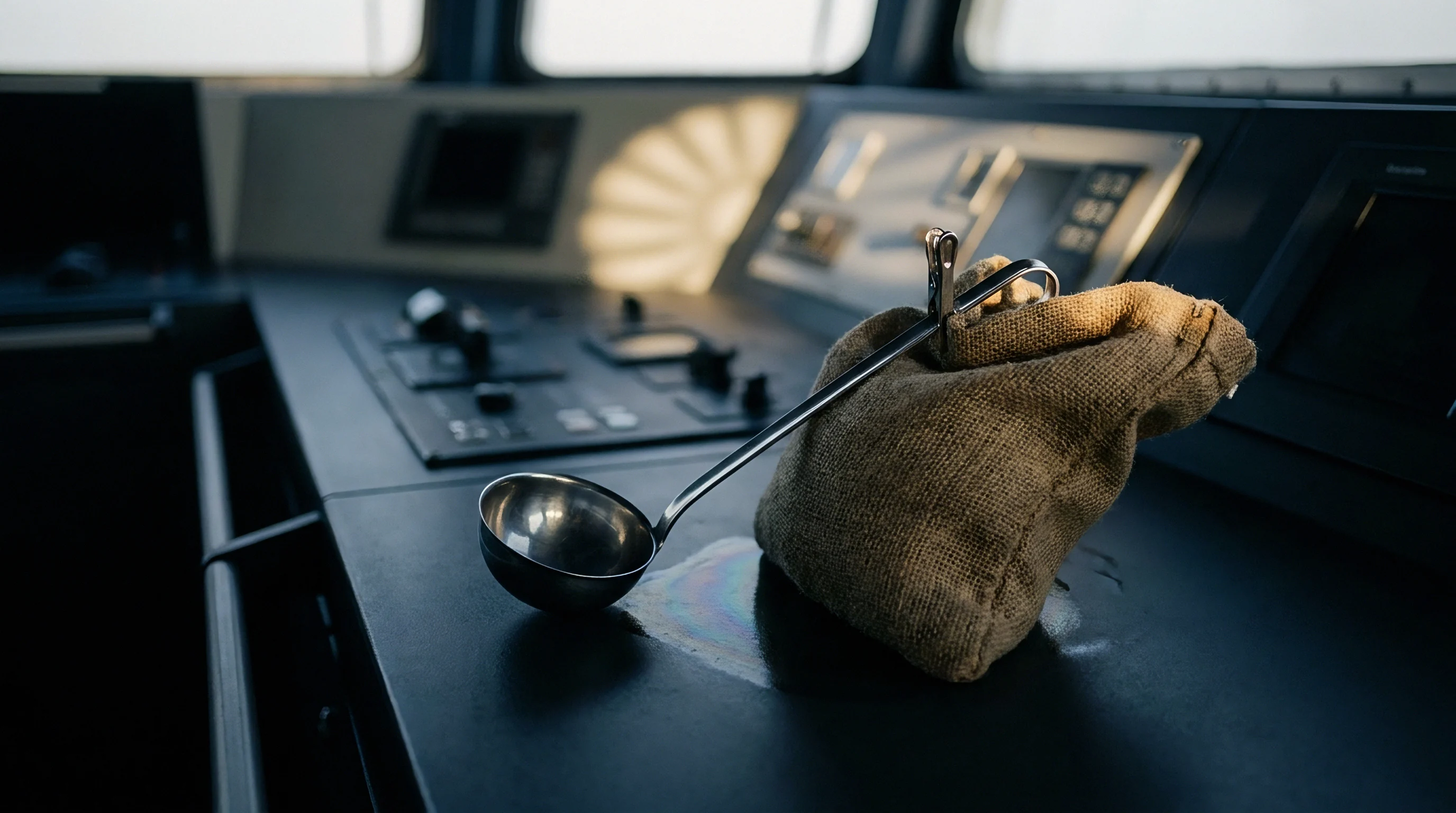 A polished metal sampling ladle rests beside a textured jute sack on the dark console of a maritime navigation bridge.
