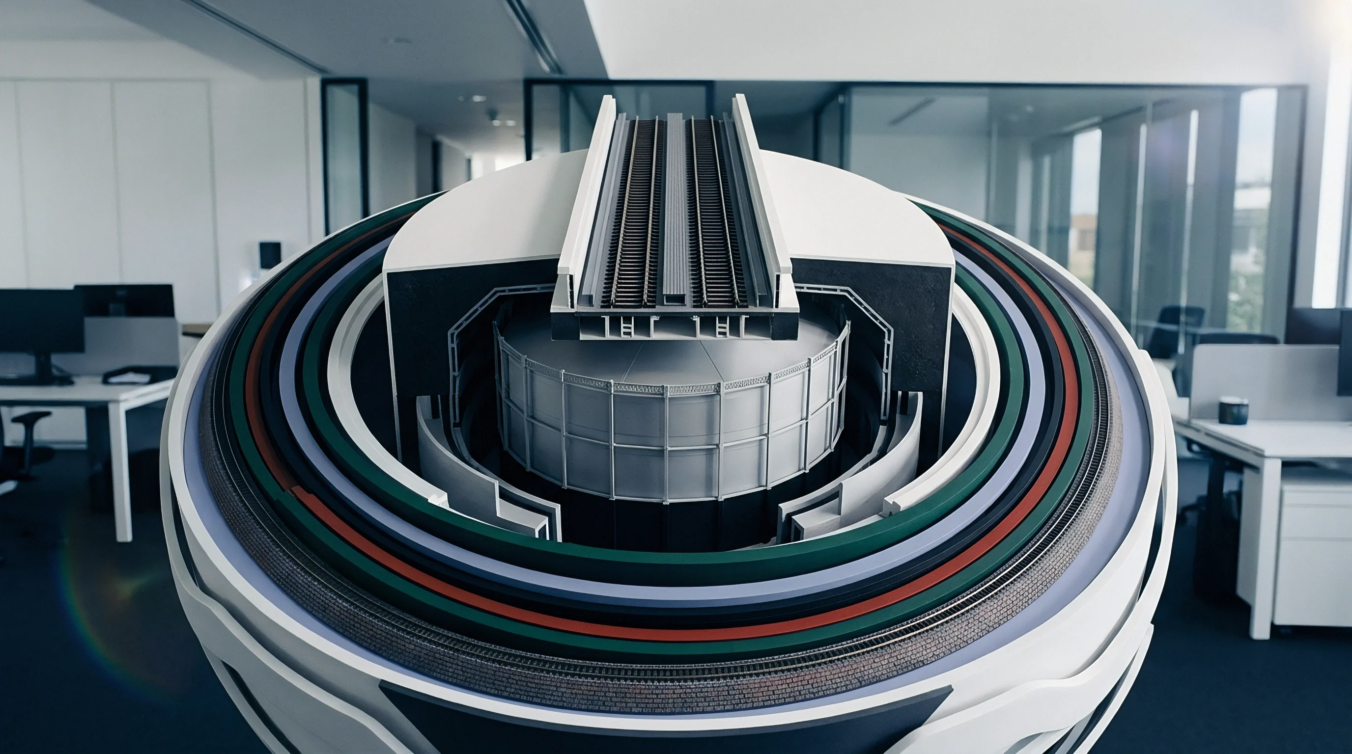 A digital cutaway model of a concentric freight transport hub sits indoors with railway tracks and cylindrical storage structures displayed clearly.