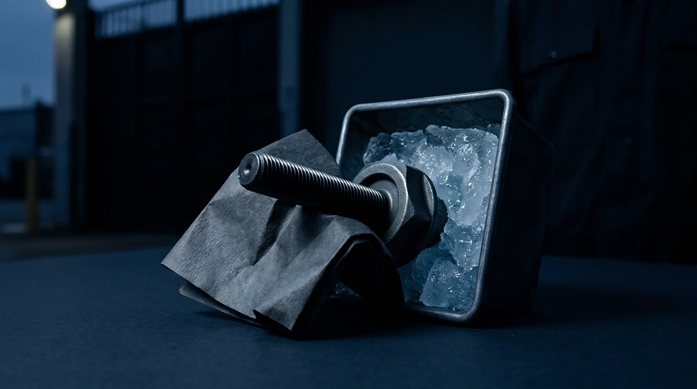 A heavy threaded metal fastener rests against a container filled with crushed ice on a dark industrial workbench.
