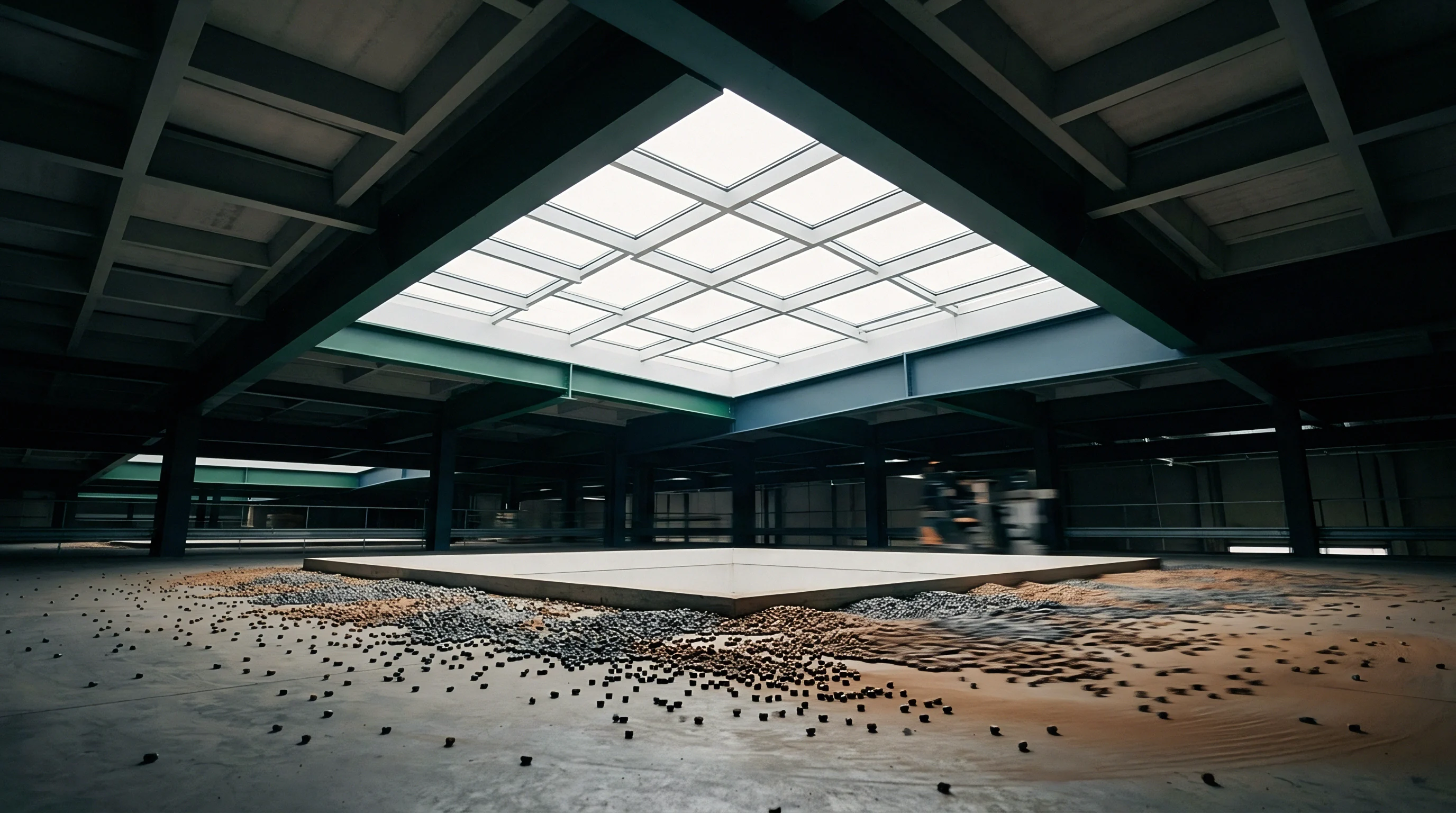 This digital render shows an industrial warehouse interior featuring bulk raw materials scattered around a central concrete platform beneath a massive overhead skylight.