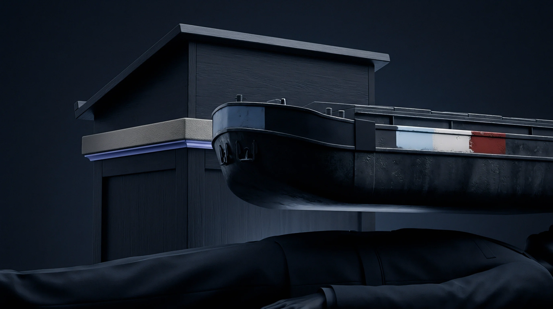 A dark digital render features a miniature cargo vessel suspended above a reclining figure beside a podium against a dark background.