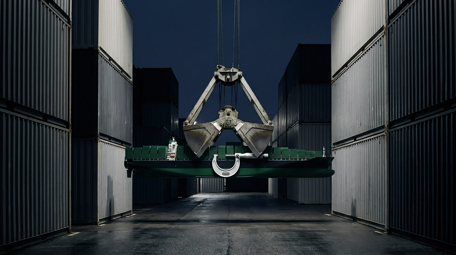 A digital render shows an industrial crane lifting a model cargo vessel between towering steel shipping containers inside a dark terminal warehouse.