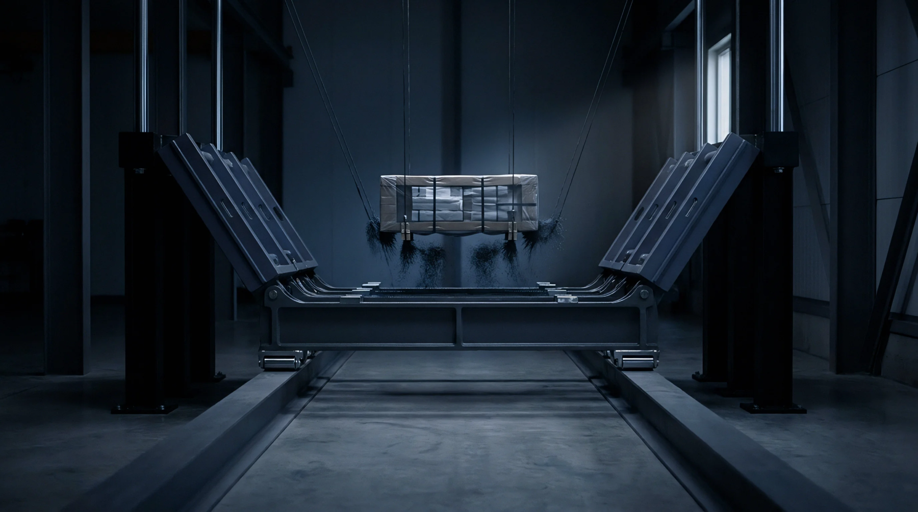 A digital render shows a suspended freight package positioned between angled steel impact arms inside a dark industrial testing facility.