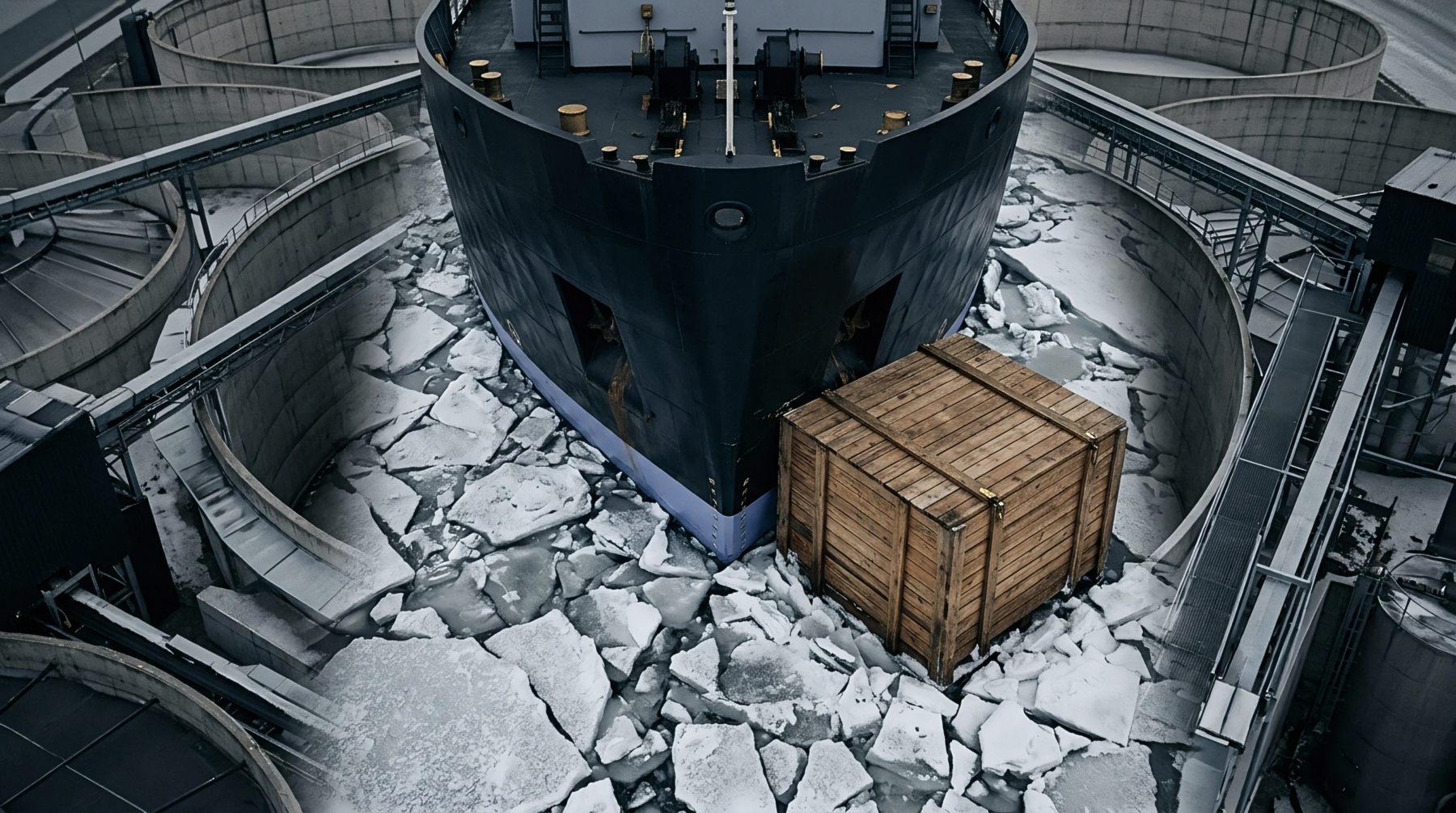A digital render shows a heavy cargo ship and wooden crate resting on cracked ice inside a concrete industrial basin.