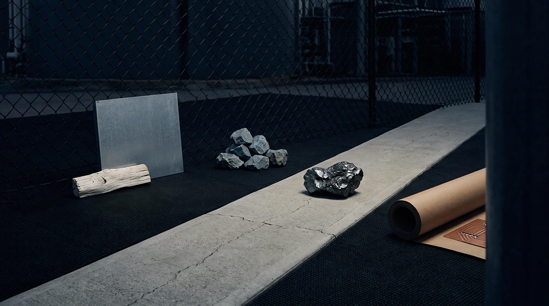 An array of raw materials including wood, various minerals, metal plates, and electronic components rests on a dark industrial floor.