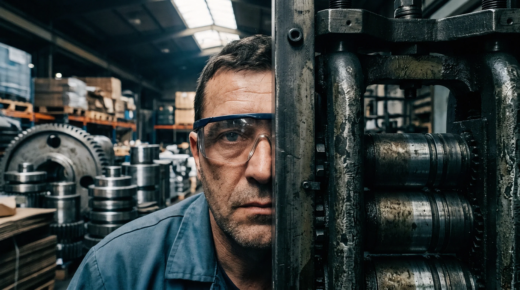 Half of a male worker's face wearing clear safety glasses is visible next to a large, grimy industrial rolling mill.