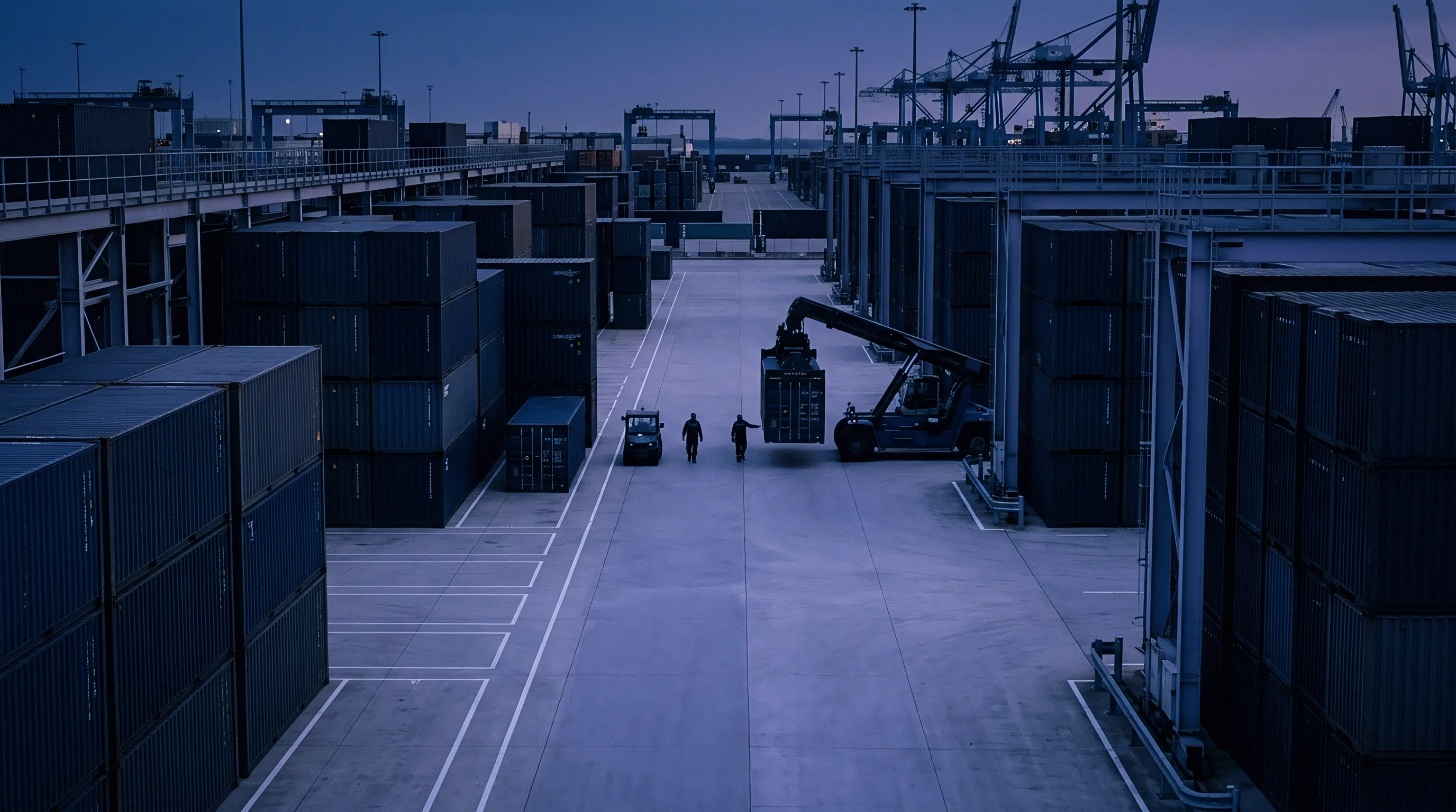 Intermodal shipping containers fill the illuminated freight terminal yard as a heavy reach stacker positions cargo between structural bays.