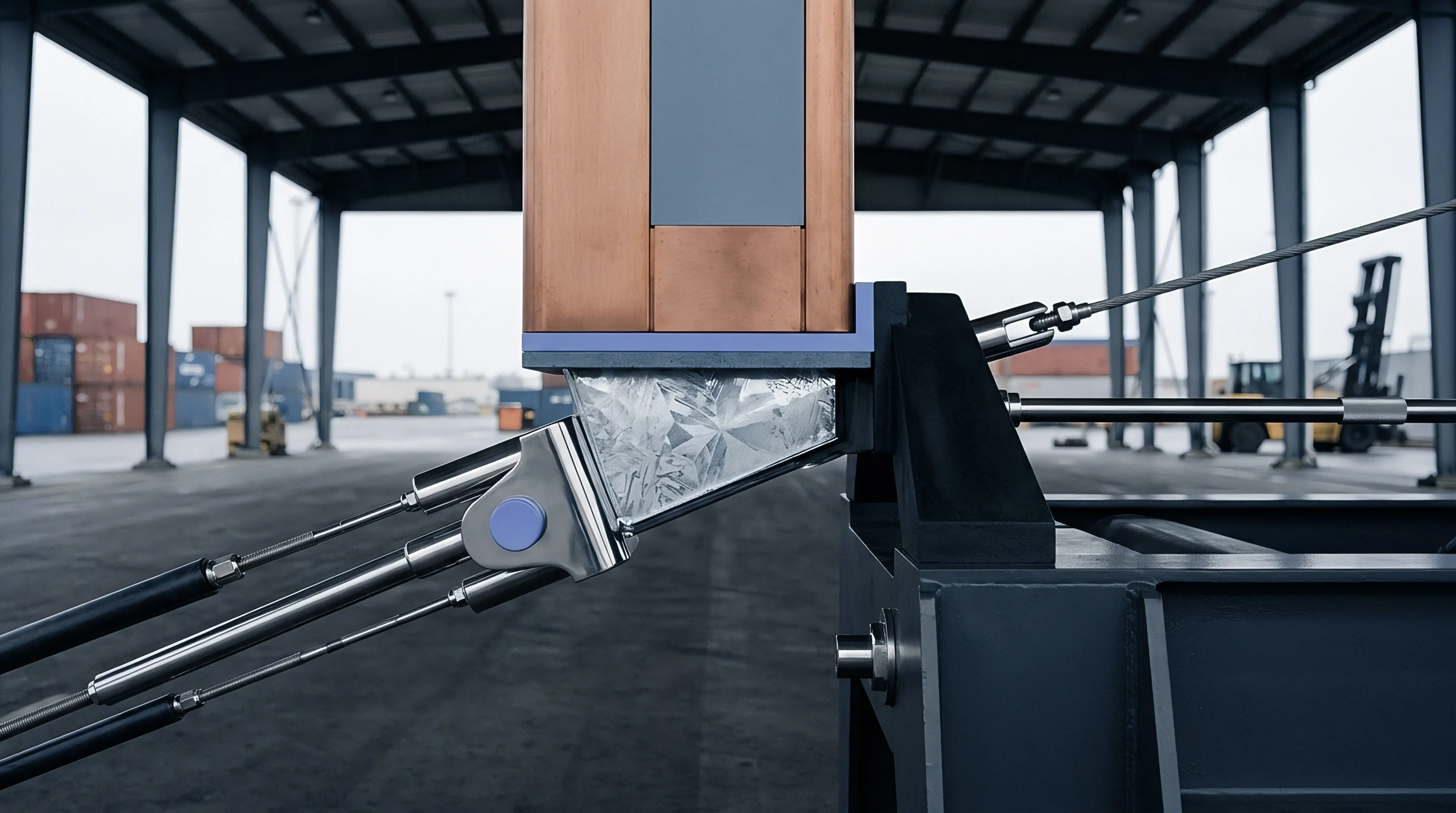 Render of a heavy industrial seismic isolation assembly featuring steel cables and a mechanical damping joint inside a freight terminal warehouse.
