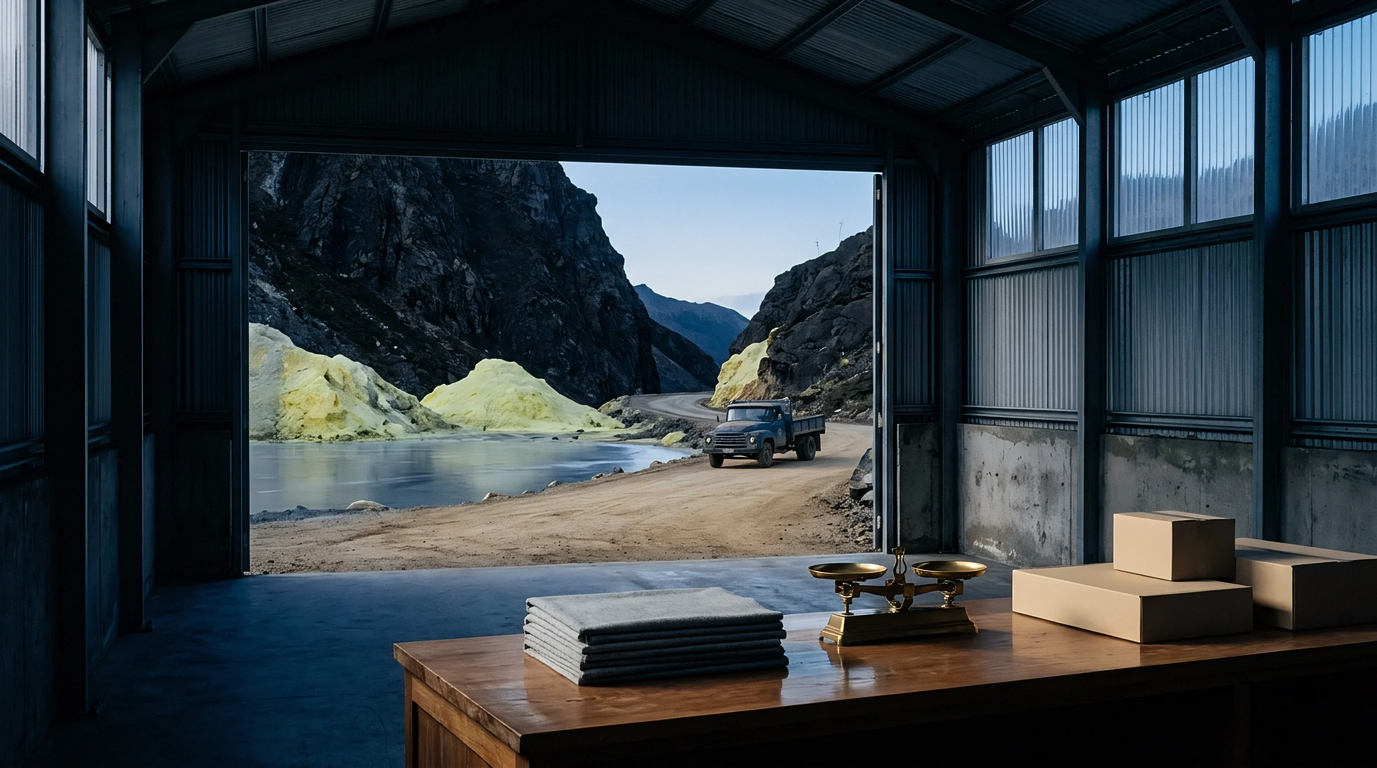 An open warehouse looks out onto a remote mineral extraction site where a truck travels past stockpiles toward an interior staging table.