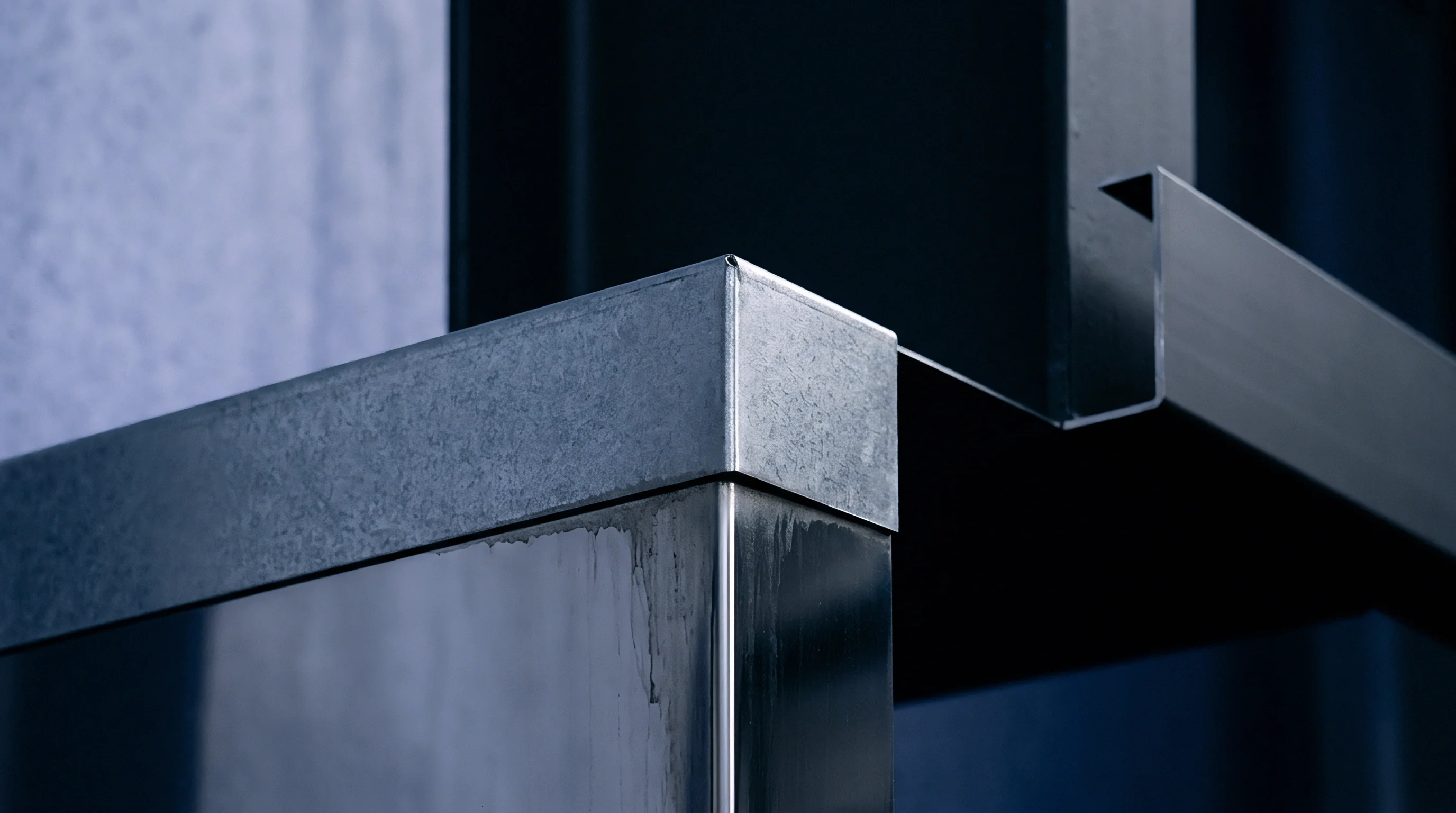 Galvanized and stainless steel formed sheet metal components display precise corner fabrication inside a manufacturing production facility.