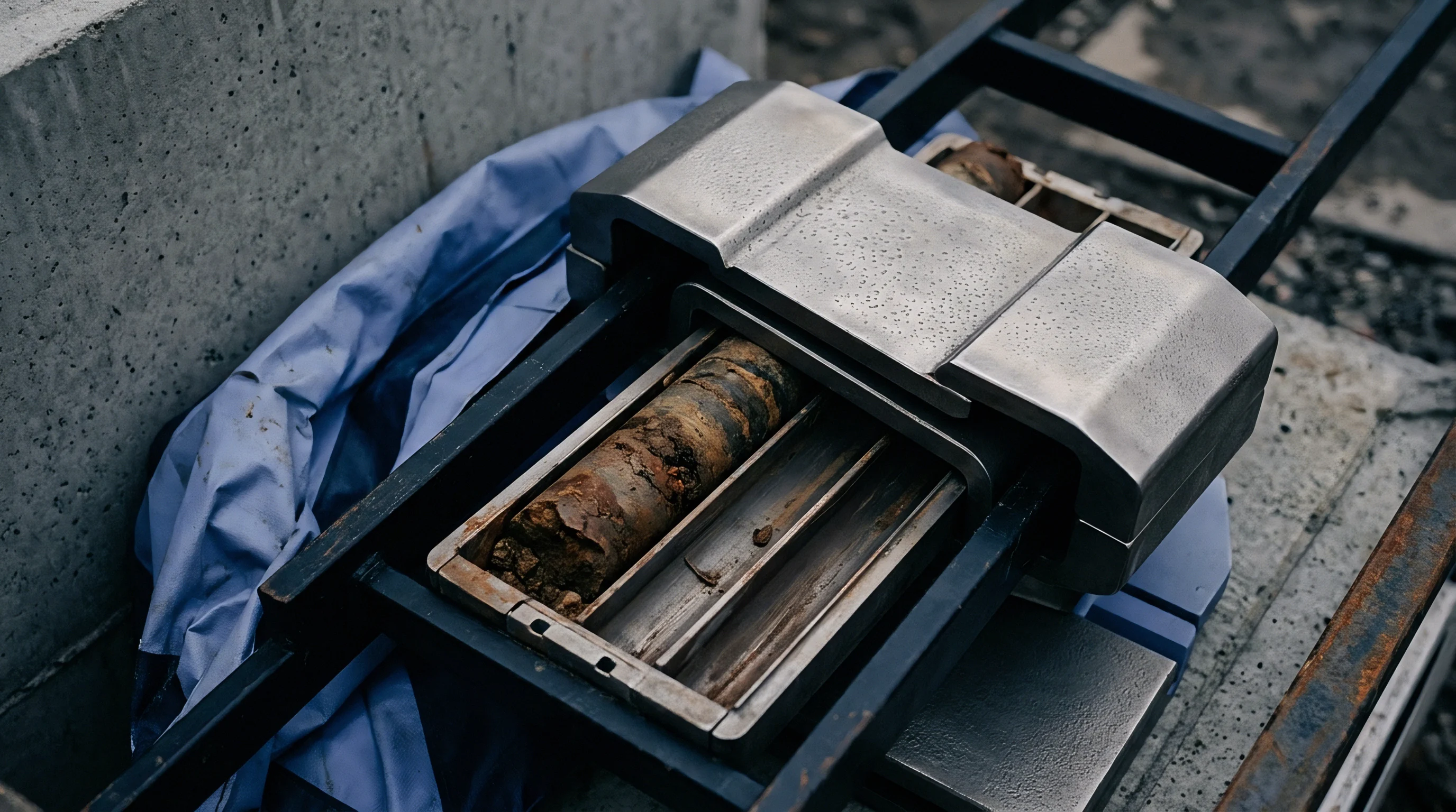 A cylindrical geological core sample rests inside a metallic split tube tray mounted on structural steel rails at an industrial testing site.