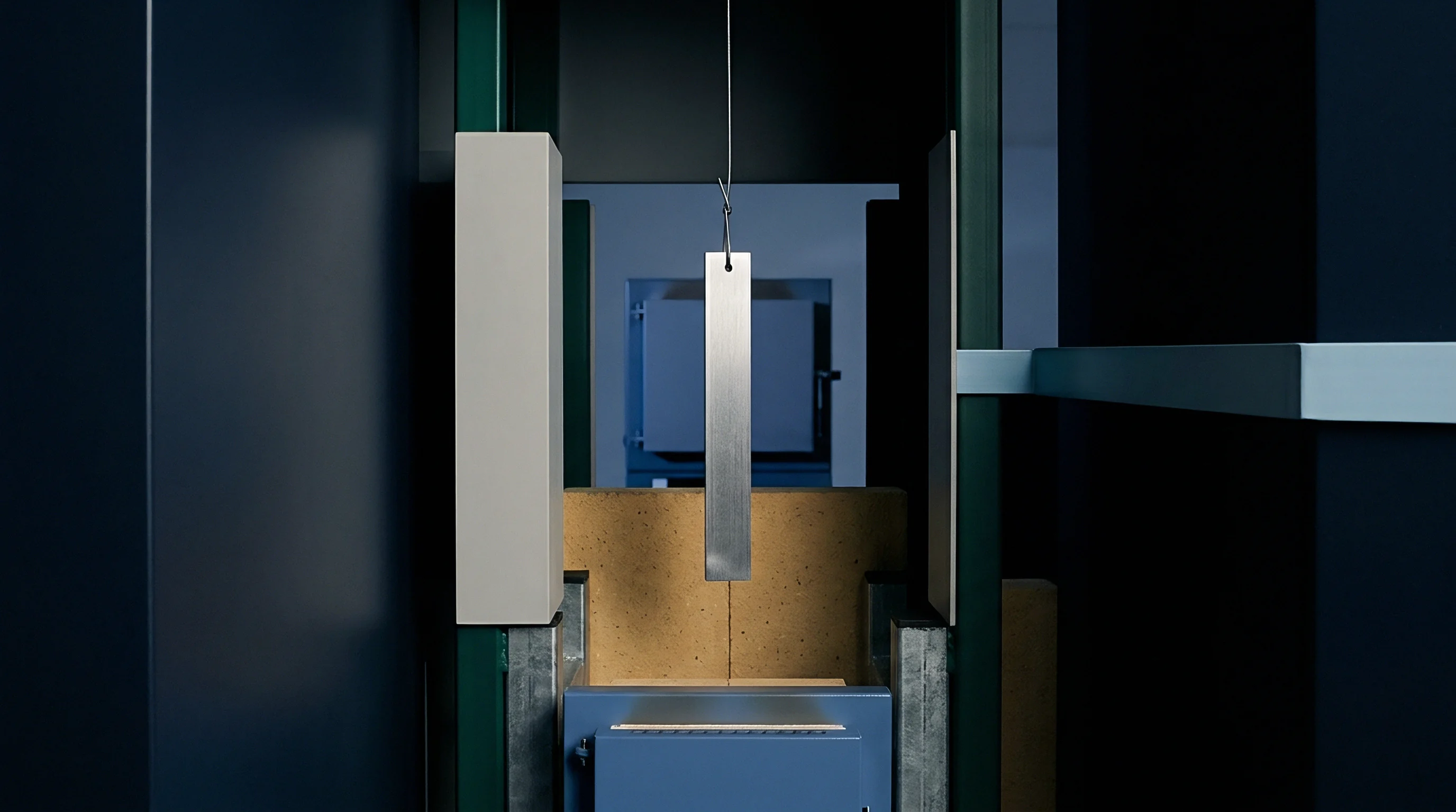 A digital render features a metallic test specimen suspended vertically inside an industrial thermal testing chamber surrounded by structured architectural framing.