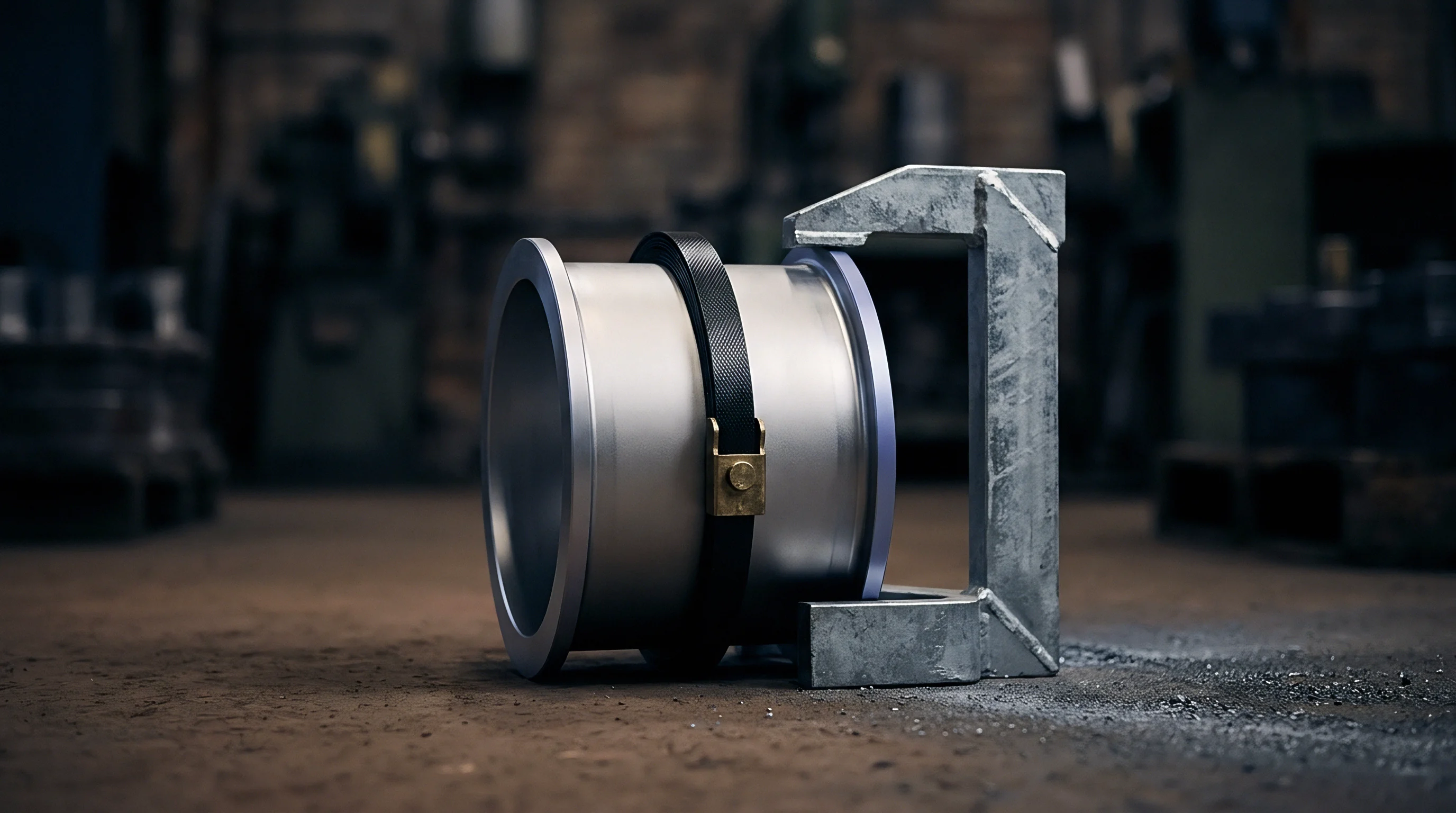 A machined steel cylinder rests beside a heavy steel holding fixture on the concrete floor of a dark manufacturing workshop.