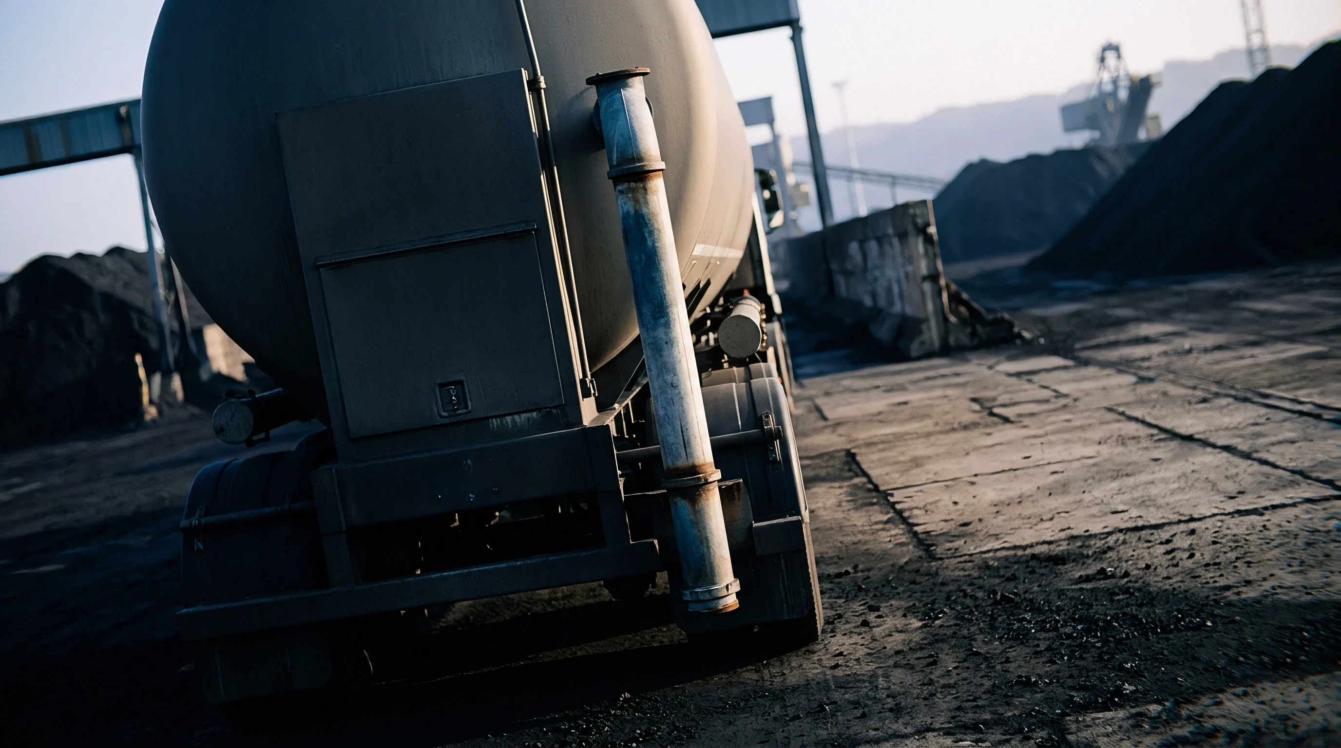 A heavy transport vehicle with a cylindrical storage tank stands parked on unpaved ground amid dark bulk material storage piles.