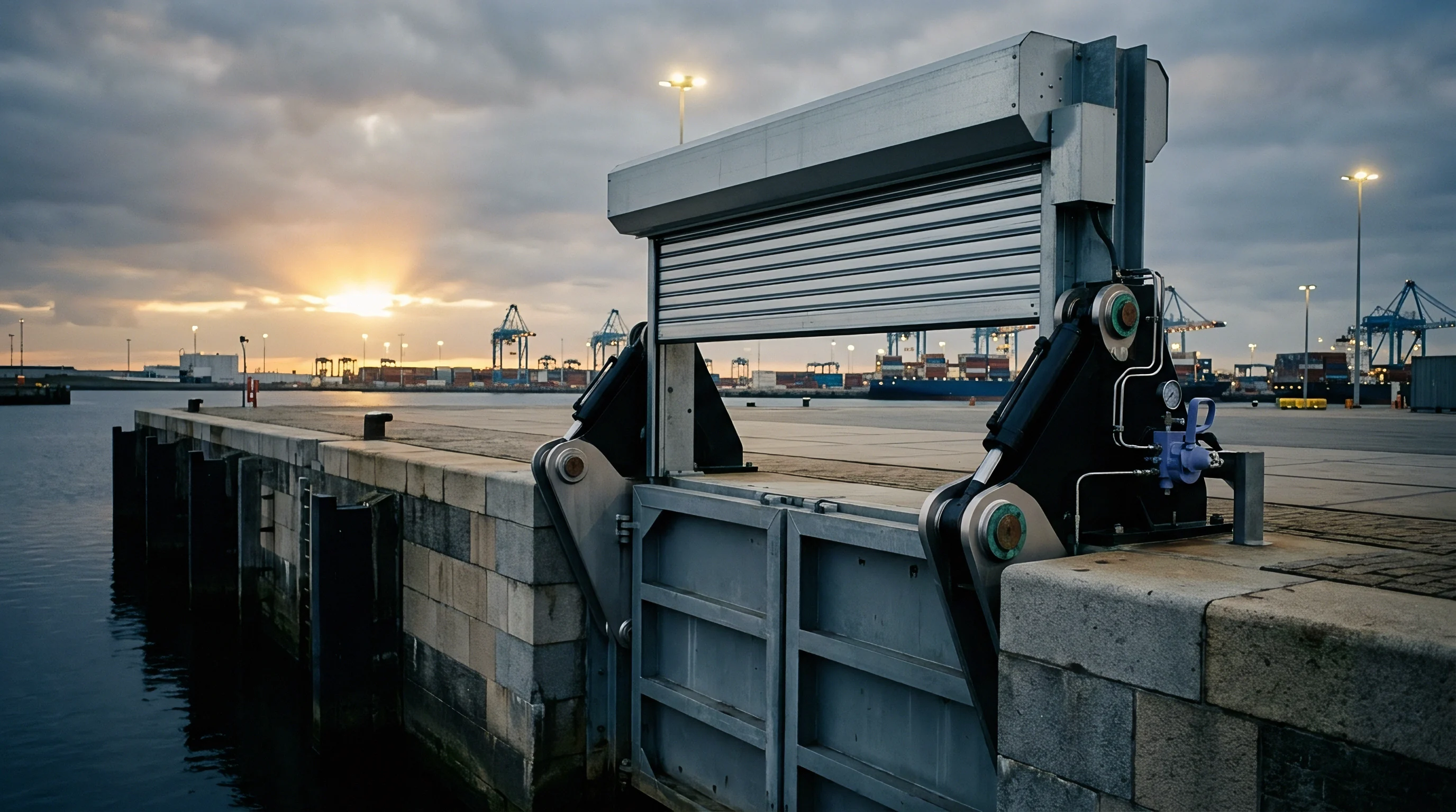 A large steel hydraulic barrier stands open on a stone concrete pier with shipping cranes and freight containers in the distance.