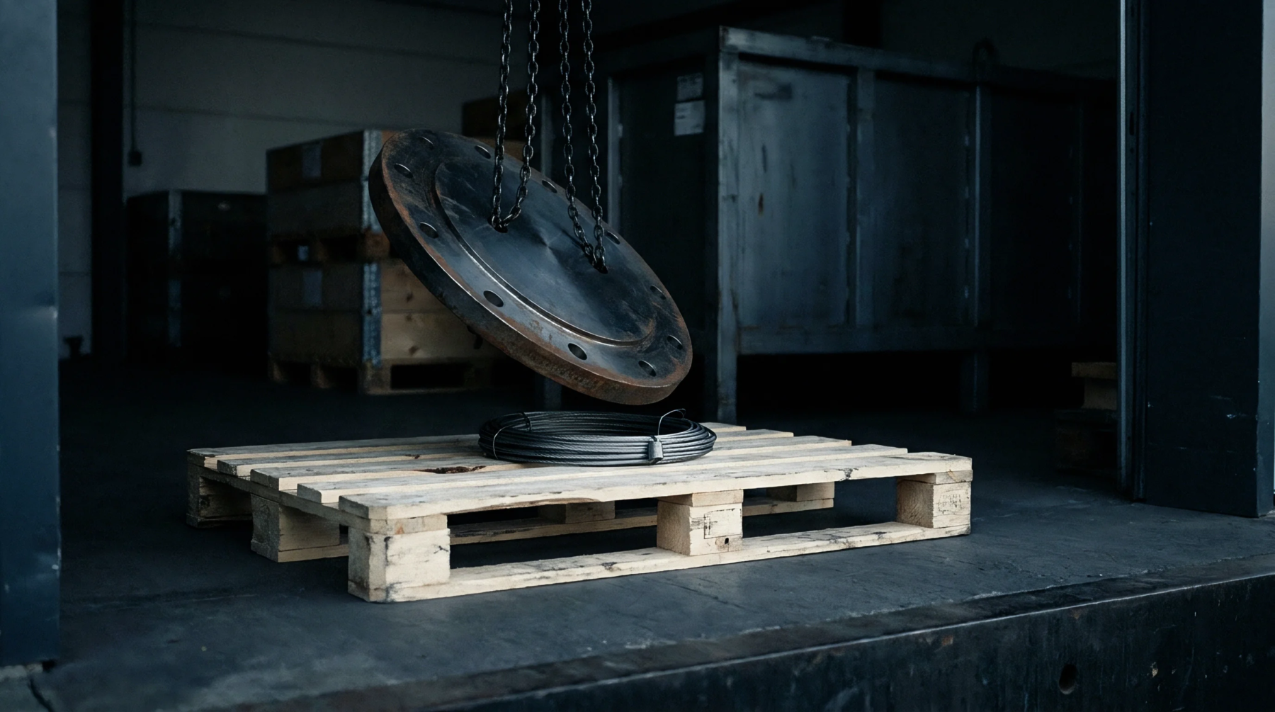 Heavy suspended steel flange hangs above a bound wire bundle resting on a wooden pallet inside an industrial warehouse.