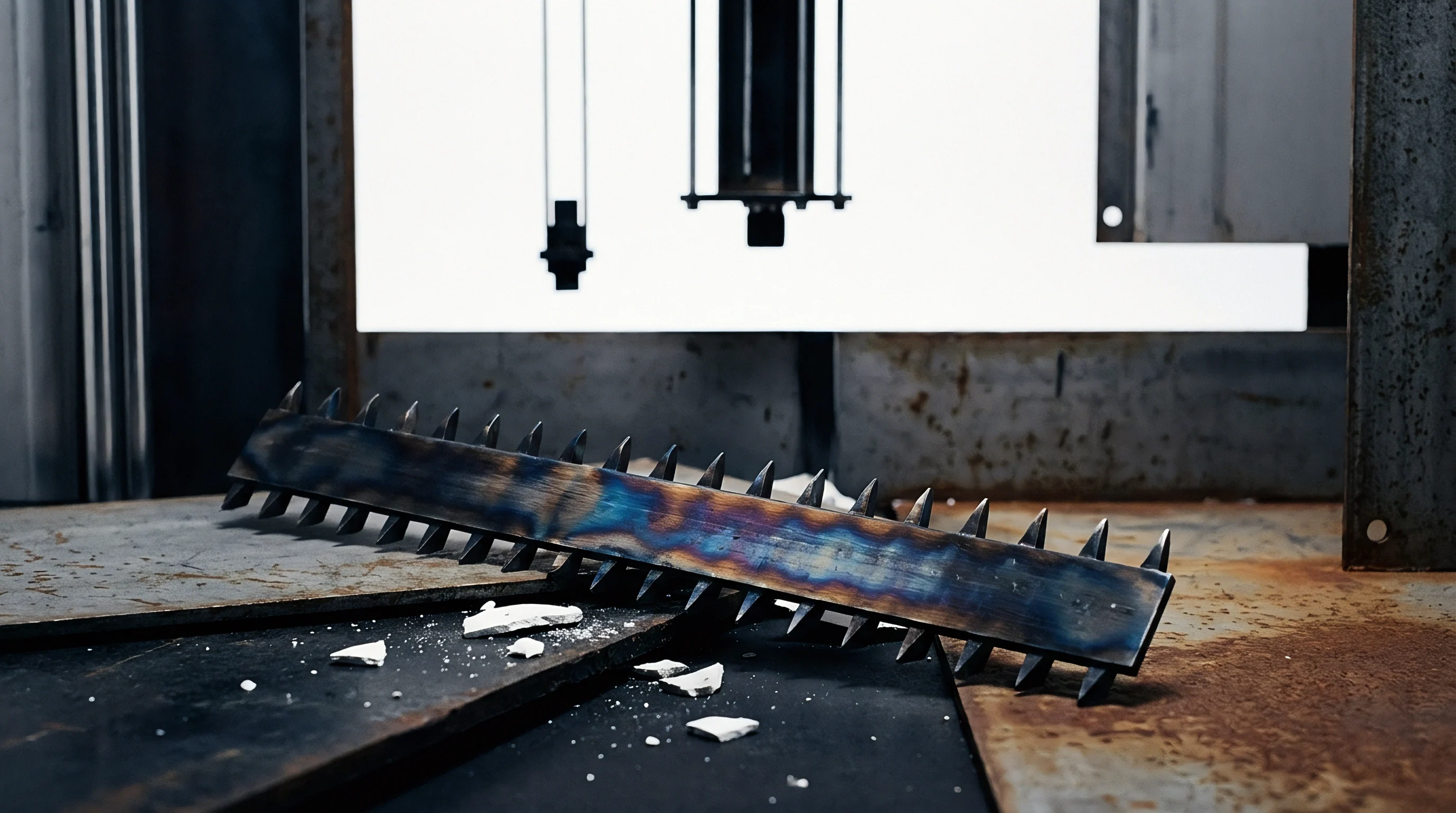 A heat treated toothed steel bar rests horizontally across industrial metal plates inside a heavy manufacturing facility.