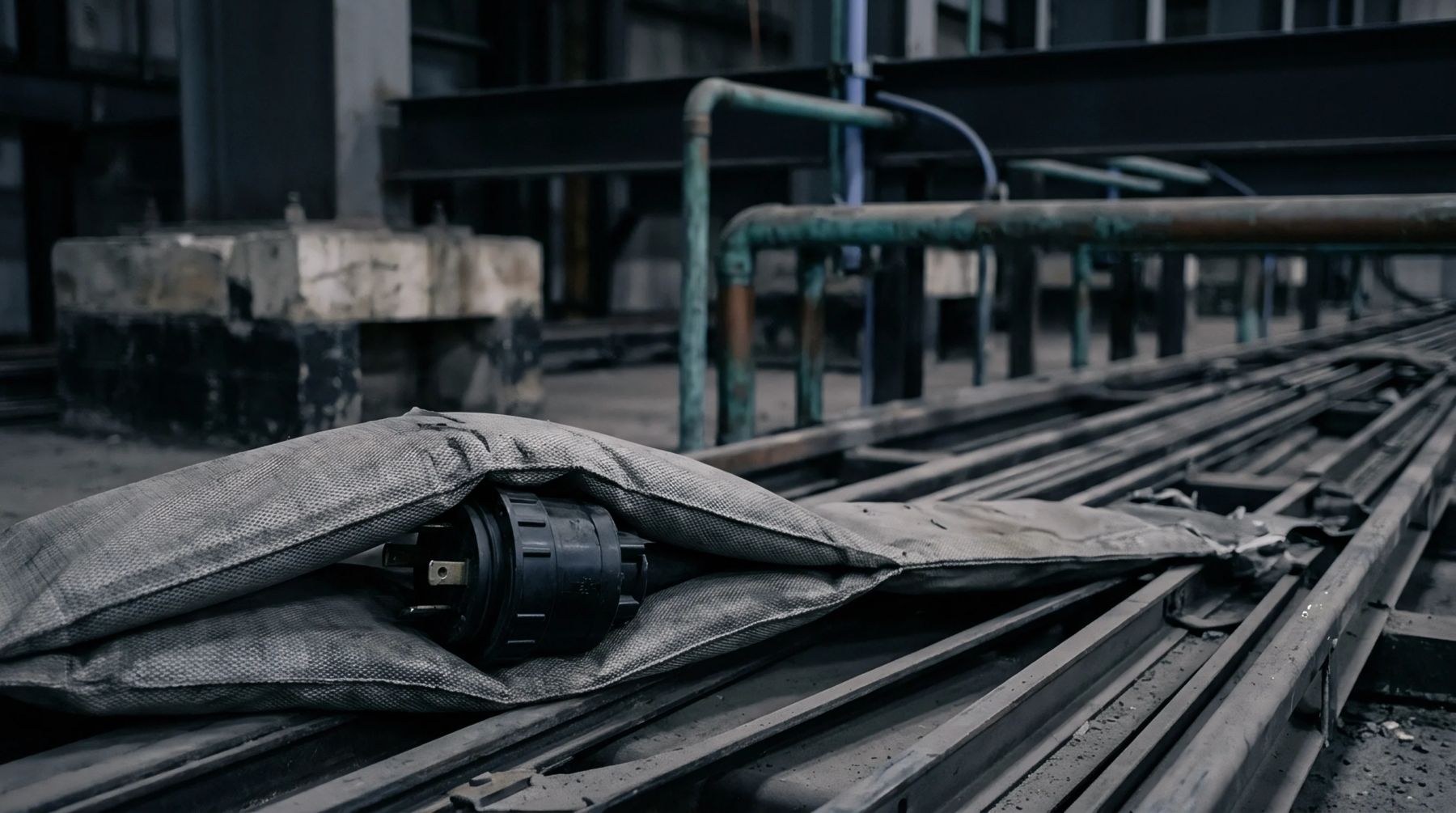 Heavy industrial electrical connector rests enclosed within durable fabric sheath positioned atop steel rail infrastructure inside manufacturing plant.