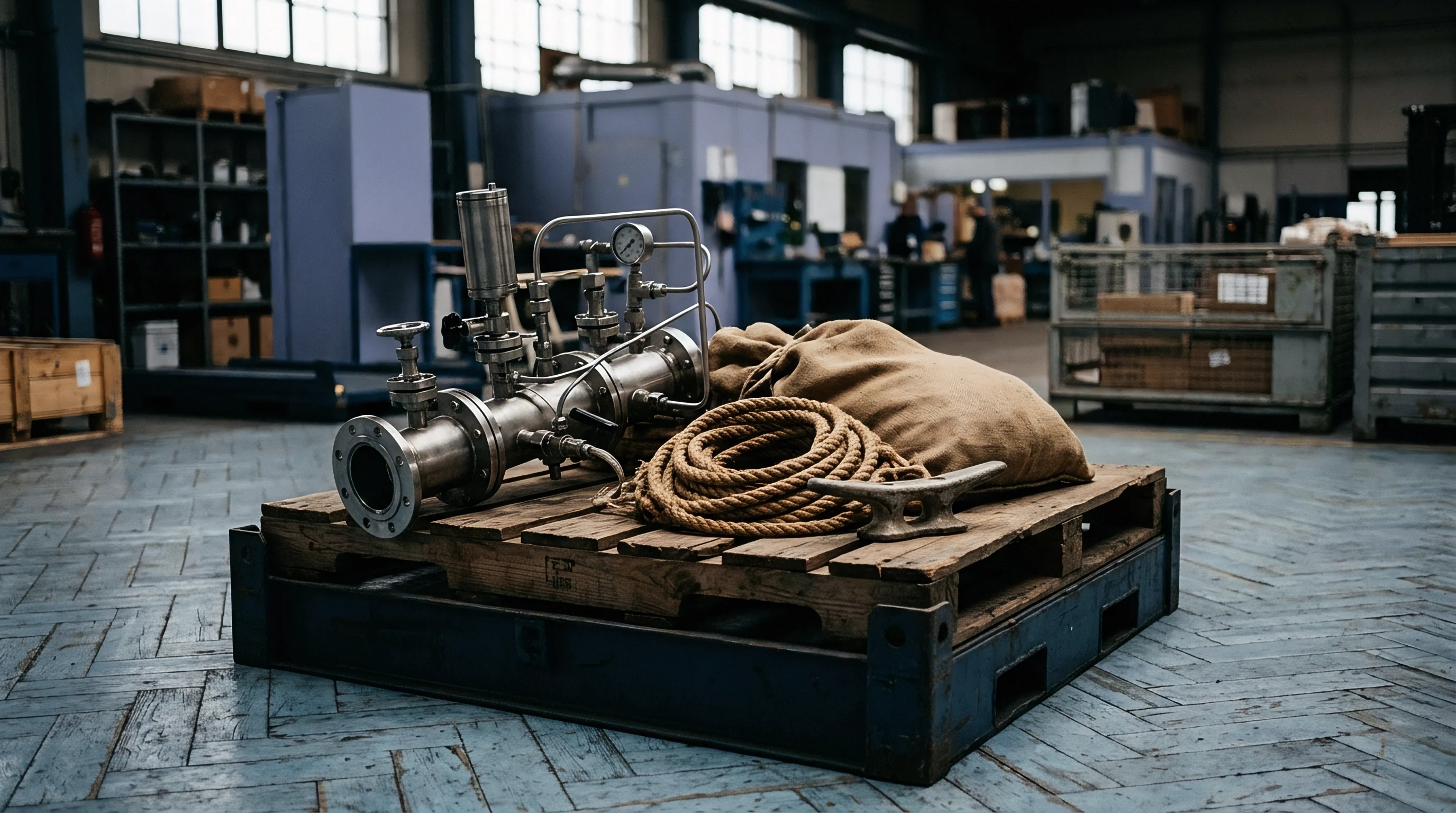 A metal valve assembly, coiled rope, and canvas sack rest on a wooden pallet inside an industrial manufacturing warehouse.