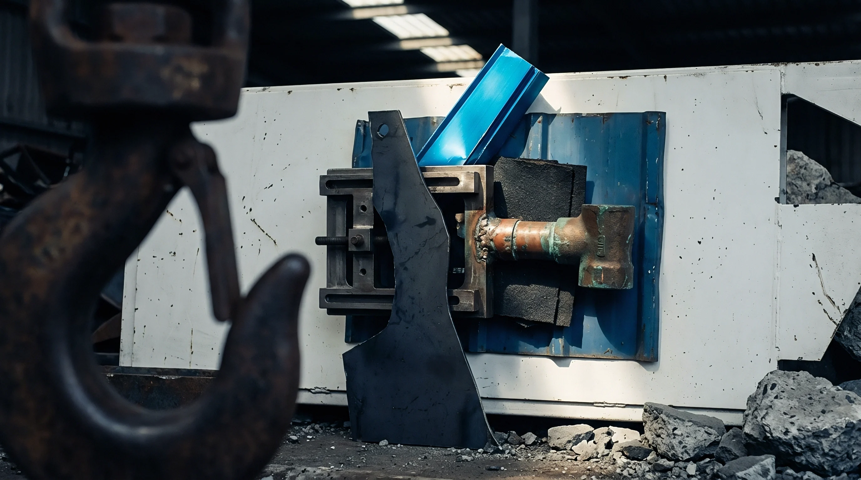 Rusted steel crane hook hangs before a heavy industrial assembly station with welded metal components and structural sheet fragments inside a manufacturing facility.