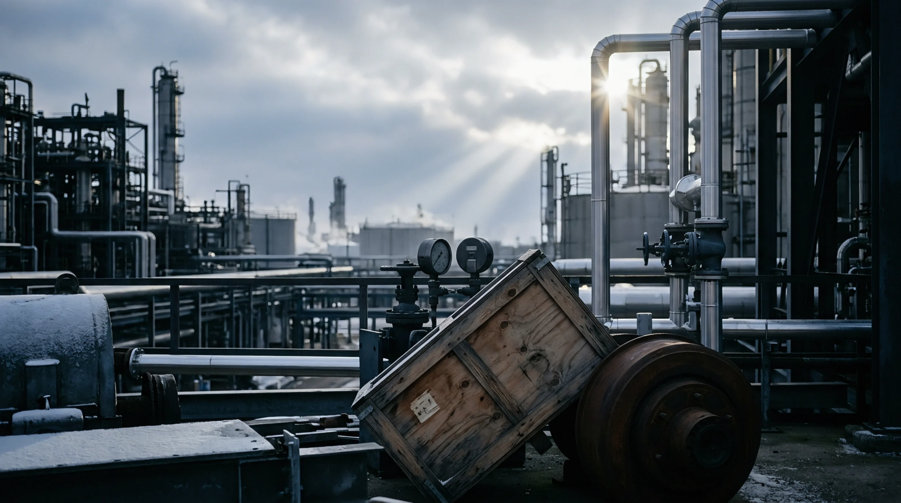 A wooden shipping crate and heavy machinery components sit outdoors among industrial piping and storage tanks under an overcast sky.
