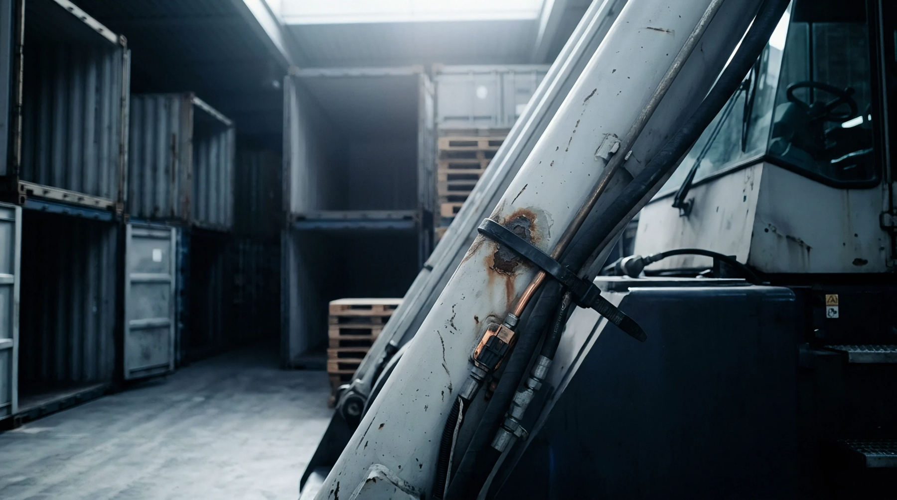 Rusted hydraulic lift arm components on industrial cargo handling machinery stand inside a metal shipping container storage depot.