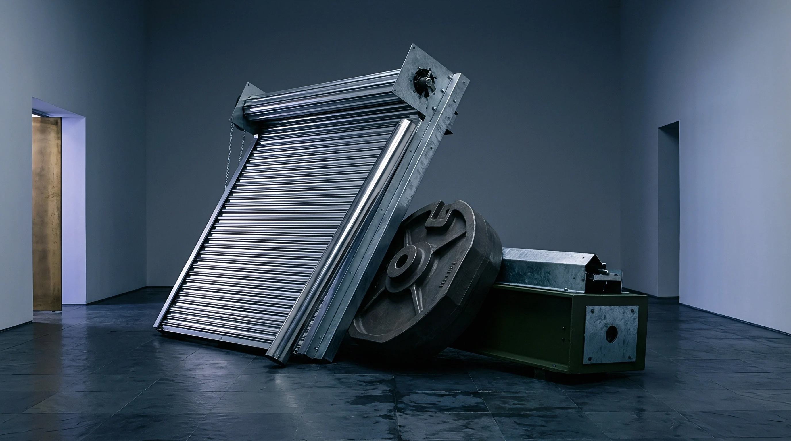Galvanized steel rolling shutter mechanisms and heavy cast iron pulleys rest on a dark industrial floor inside a concrete facility.