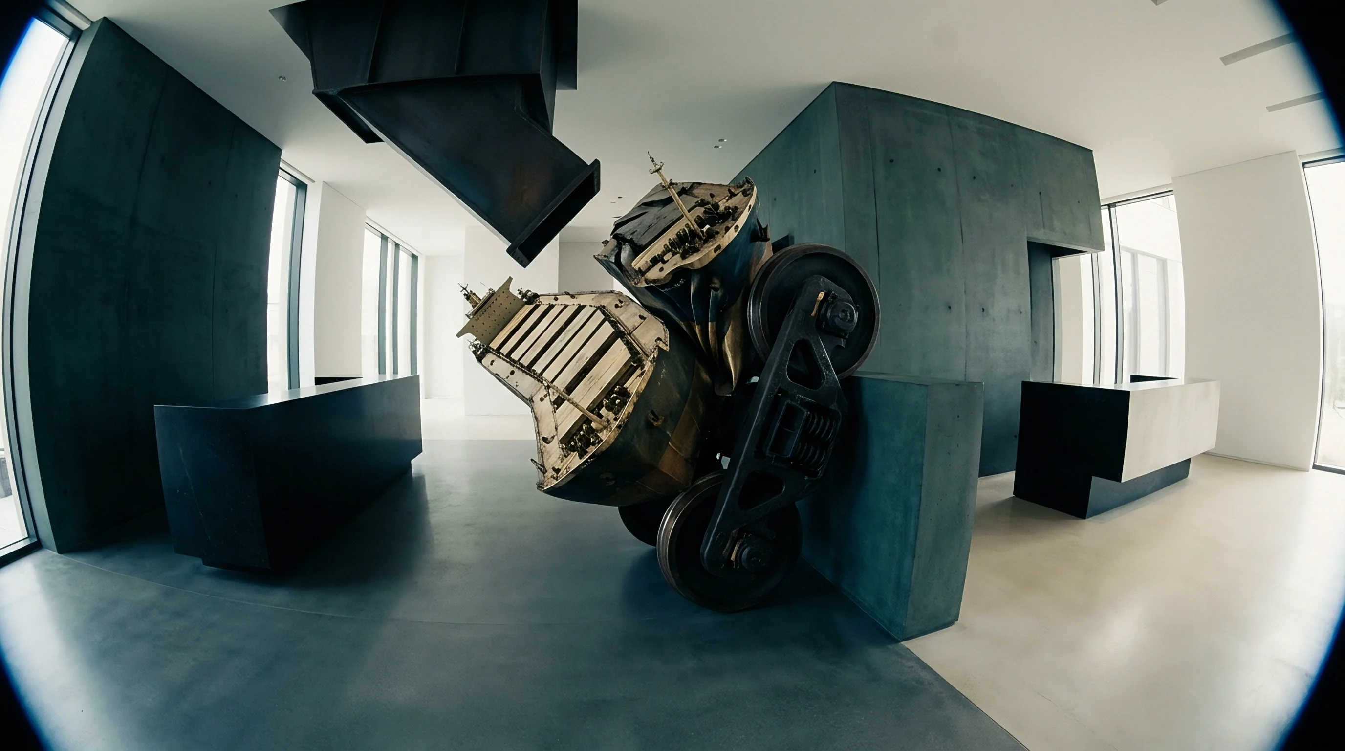 Salvaged steel railway wheels and industrial mechanical components rest assembled inside a minimalist concrete logistics administration building corridor.