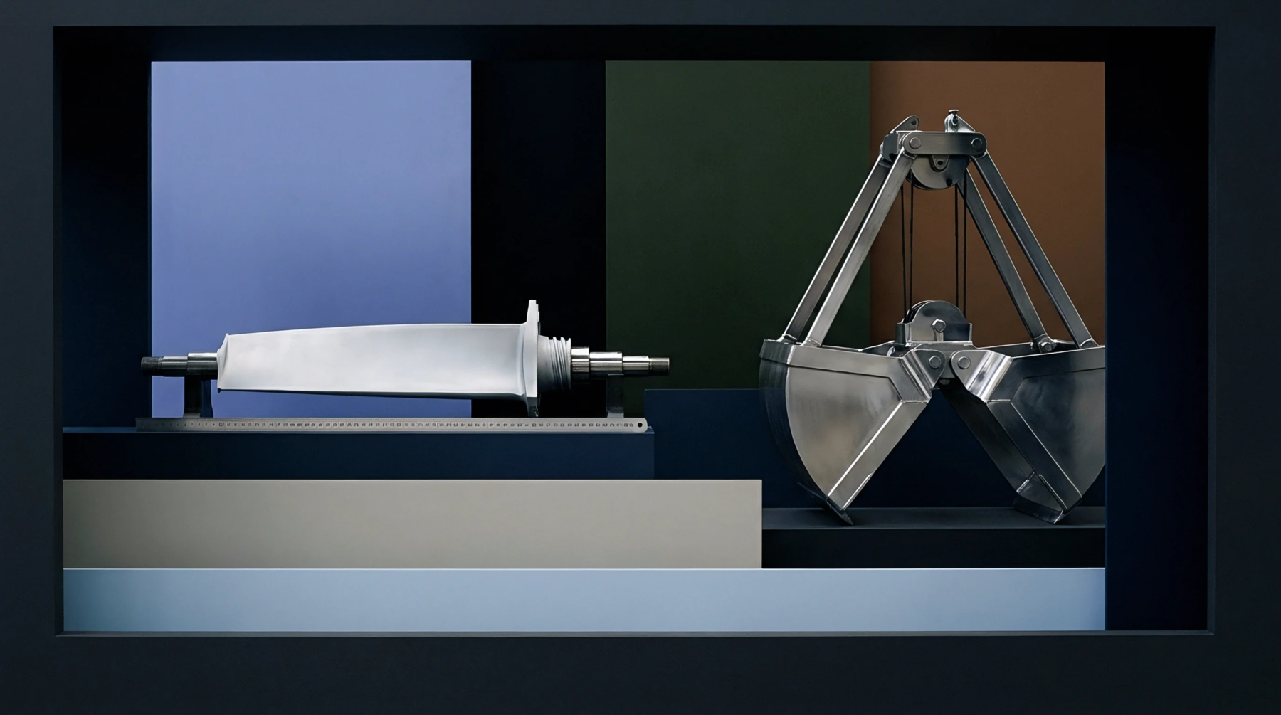 Precision machined turbine blades and steel bulk material handling grabs sit staged against geometric colored studio panels.