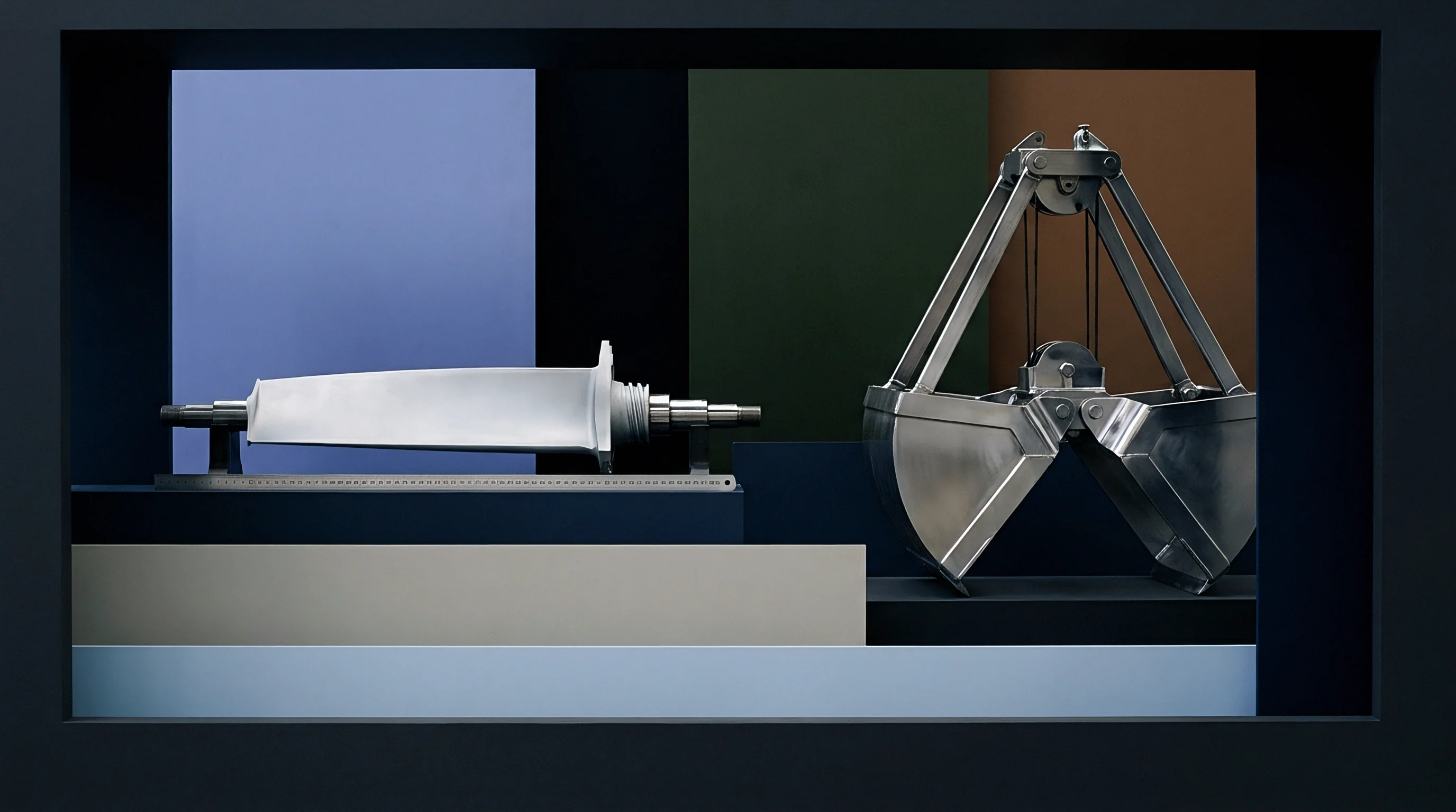 Precision machined turbine blades and steel bulk material handling grabs sit staged against geometric colored studio panels.