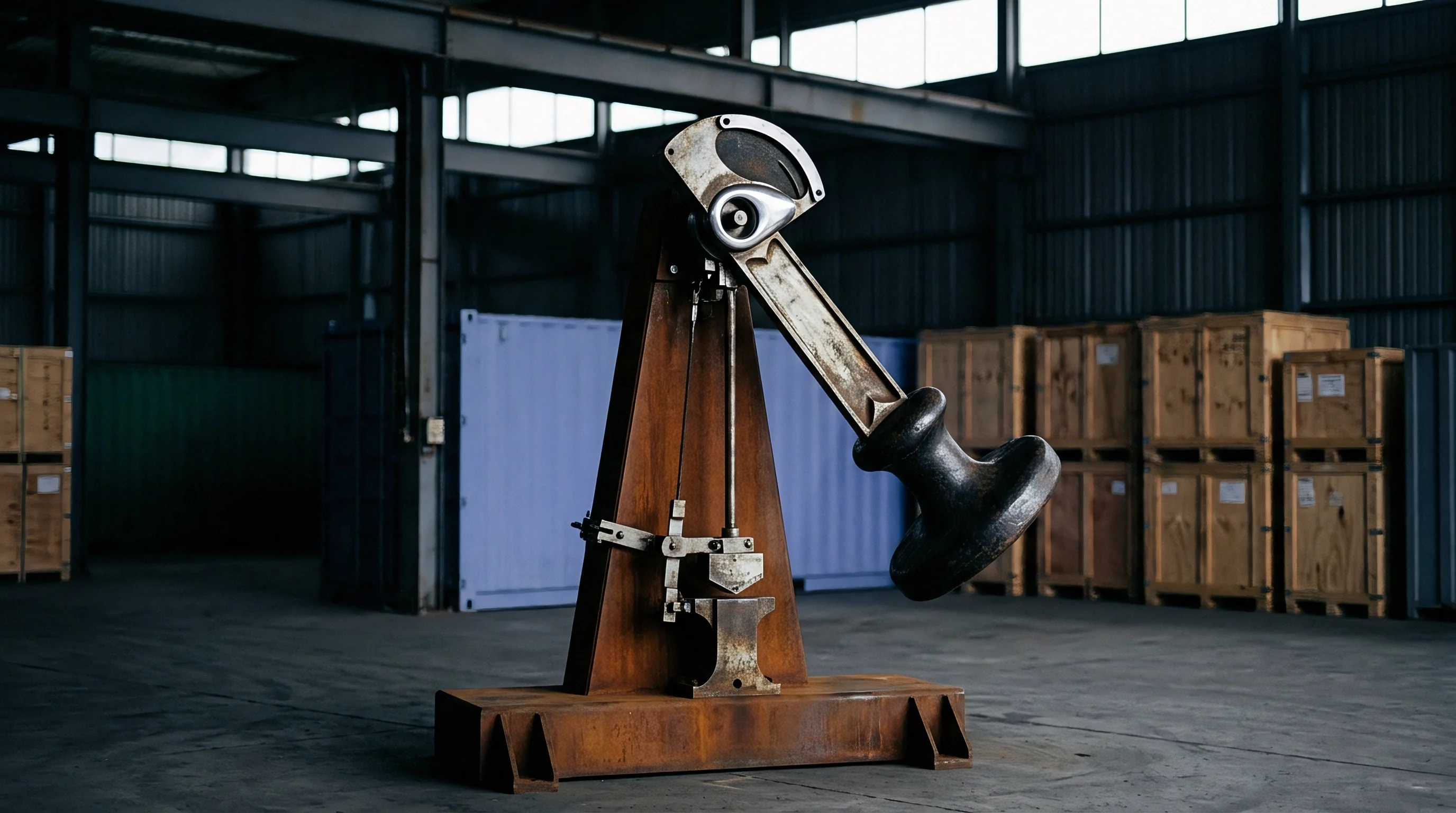 A heavy steel pendulum impact testing machine stands inside a vast industrial warehouse surrounded by wooden shipping crates and storage containers.