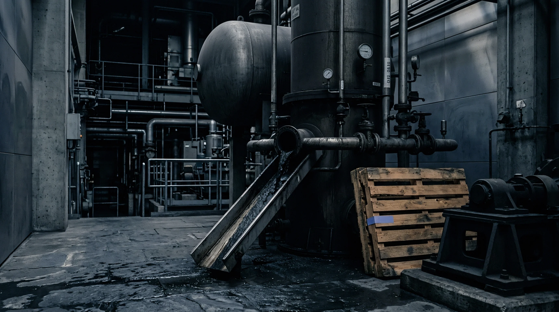 Heavy metallic processing vessels, vertical piping networks, and a wooden pallet occupy the dark concrete floor of a manufacturing plant.