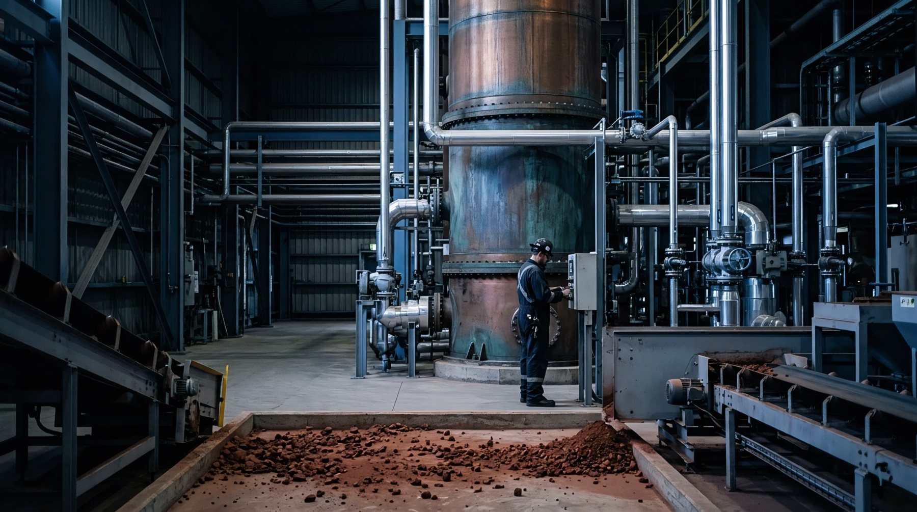 Operators monitor heavy industrial processing machinery within a mineral extraction facility handling raw earth materials through complex steel pipelines.